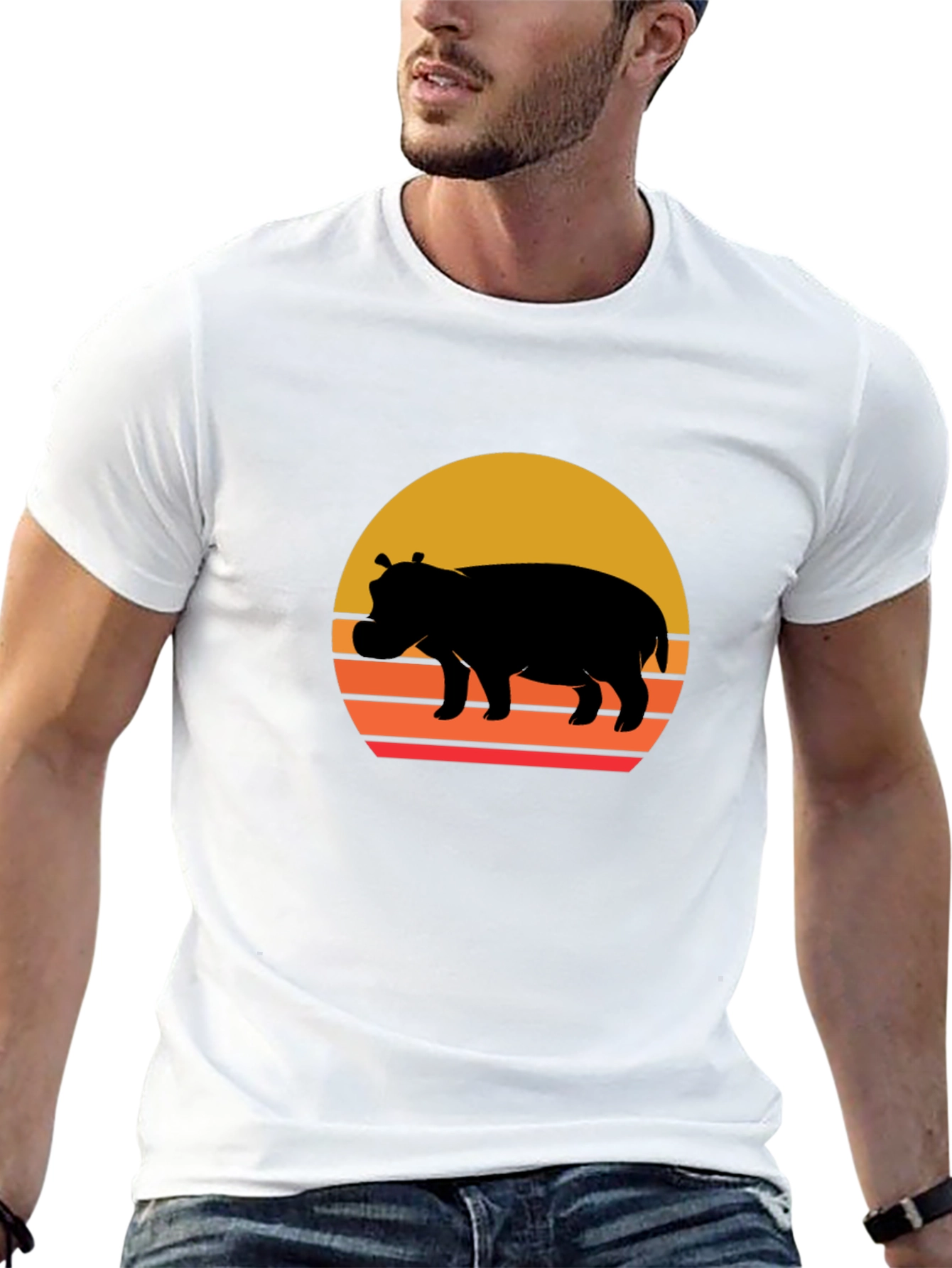 Retro Hippo Sunset T-Shirt - Unique Graphic Tee