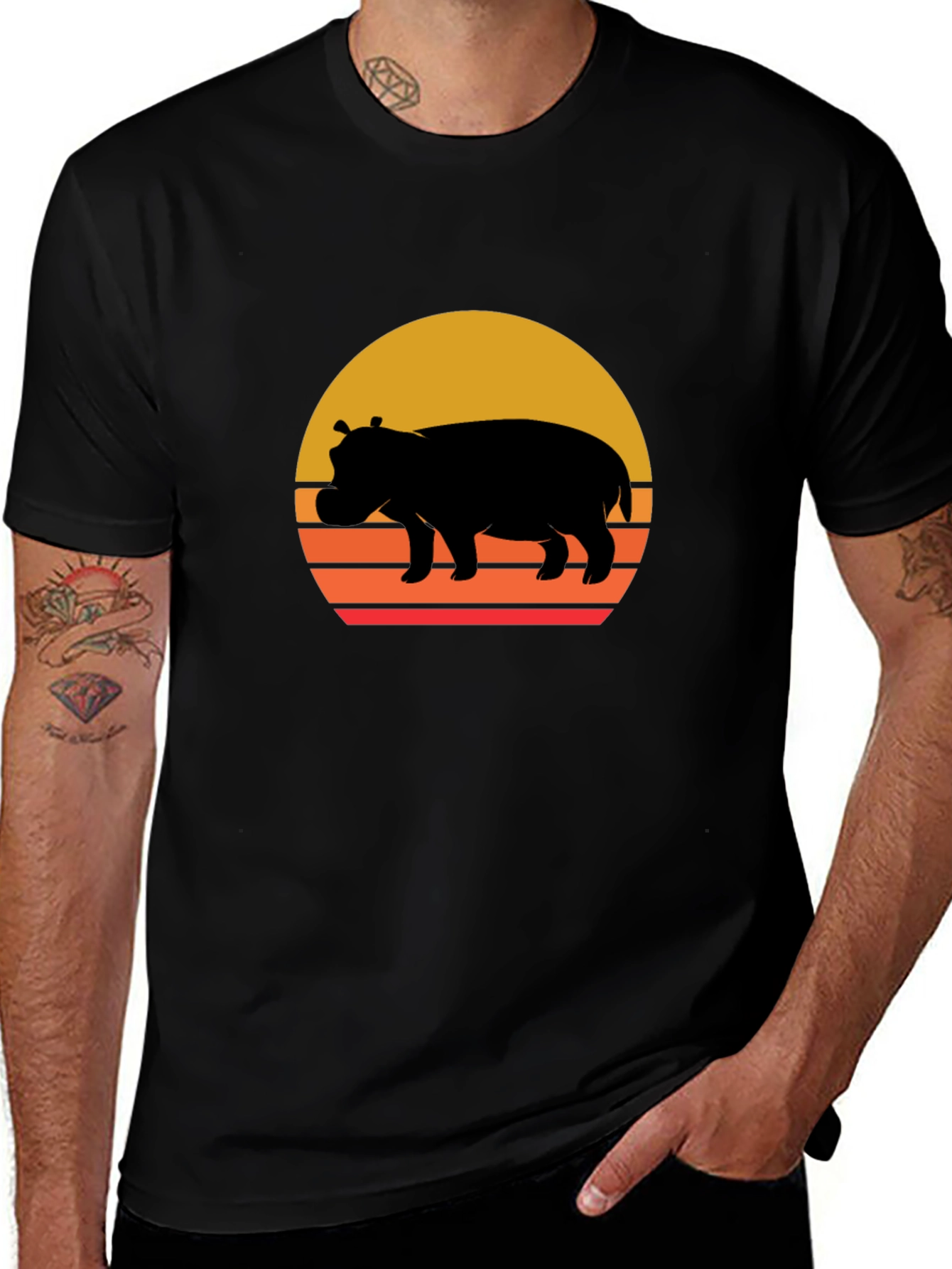 Retro Hippo Sunset T-Shirt - Unique Graphic Tee
