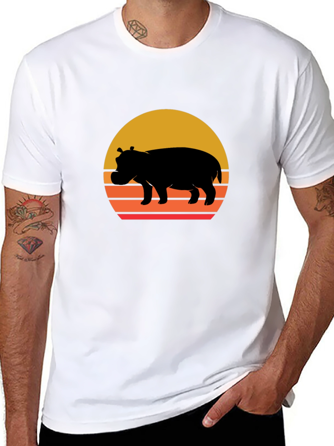 Retro Hippo Sunset T-Shirt - Unique Graphic Tee