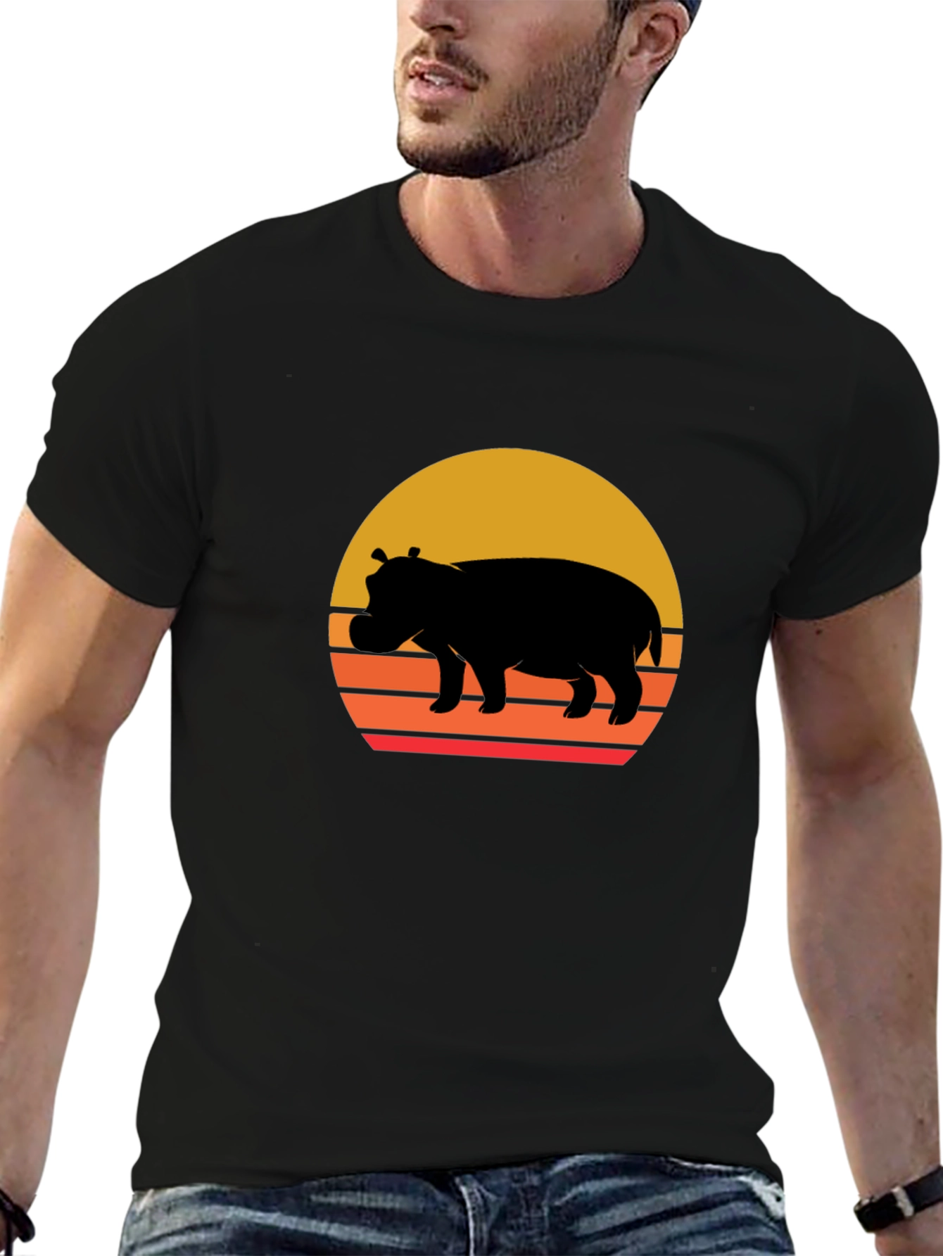 Retro Hippo Sunset T-Shirt - Unique Graphic Tee