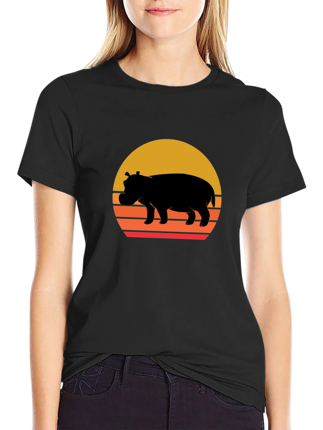 Retro Hippo Sunset T-Shirt - Unique Graphic Tee