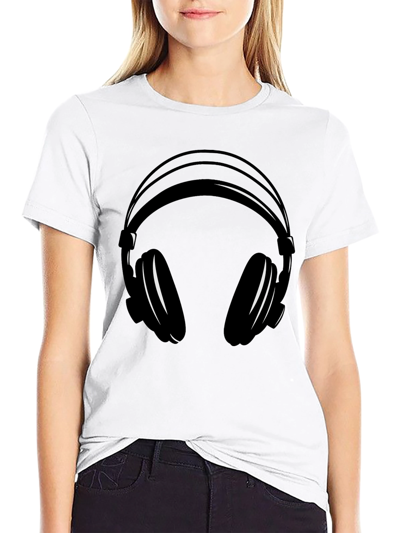 Headphones Graphic T-Shirt - Black Cotton Blend