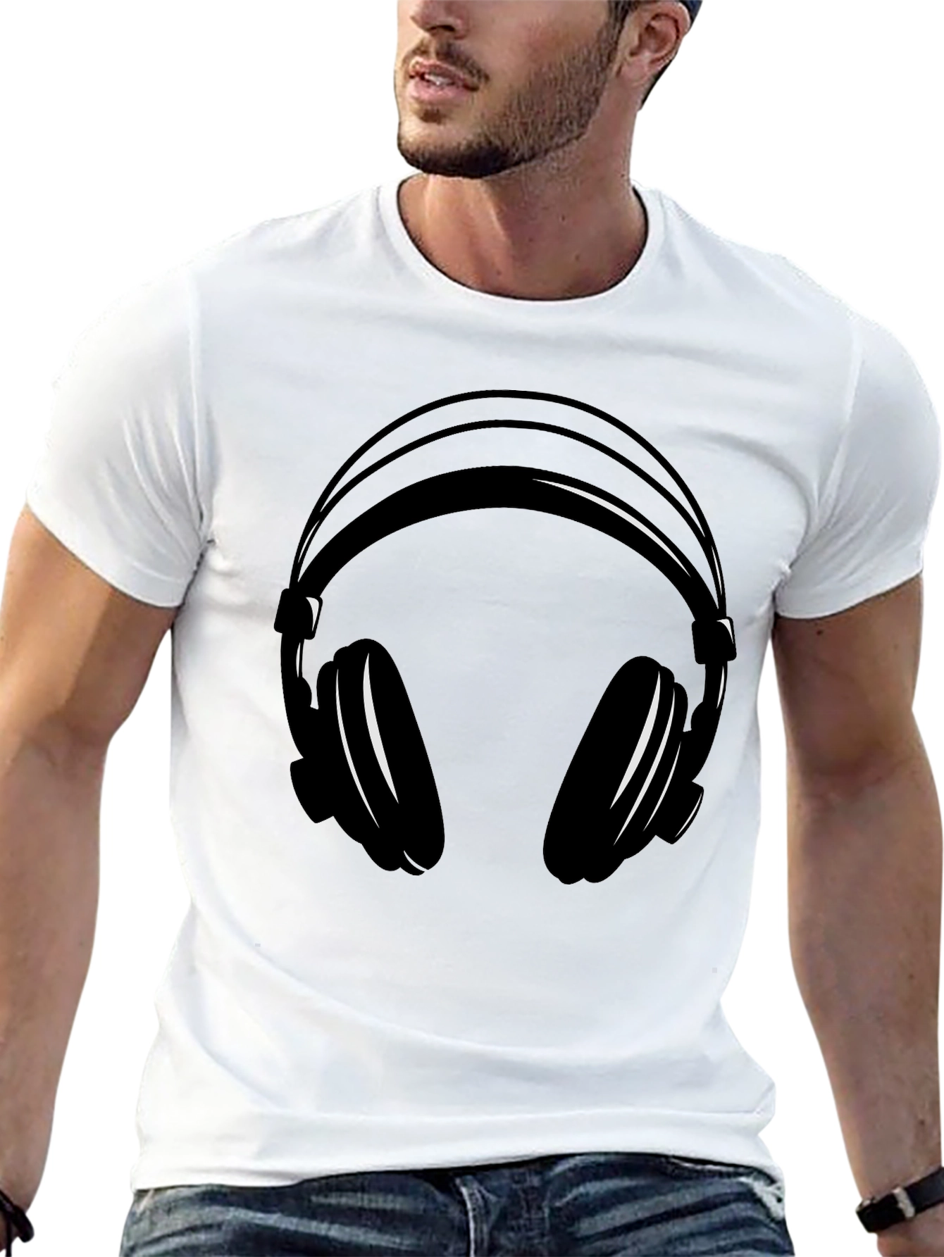 Headphones Graphic T-Shirt - Black Cotton Blend