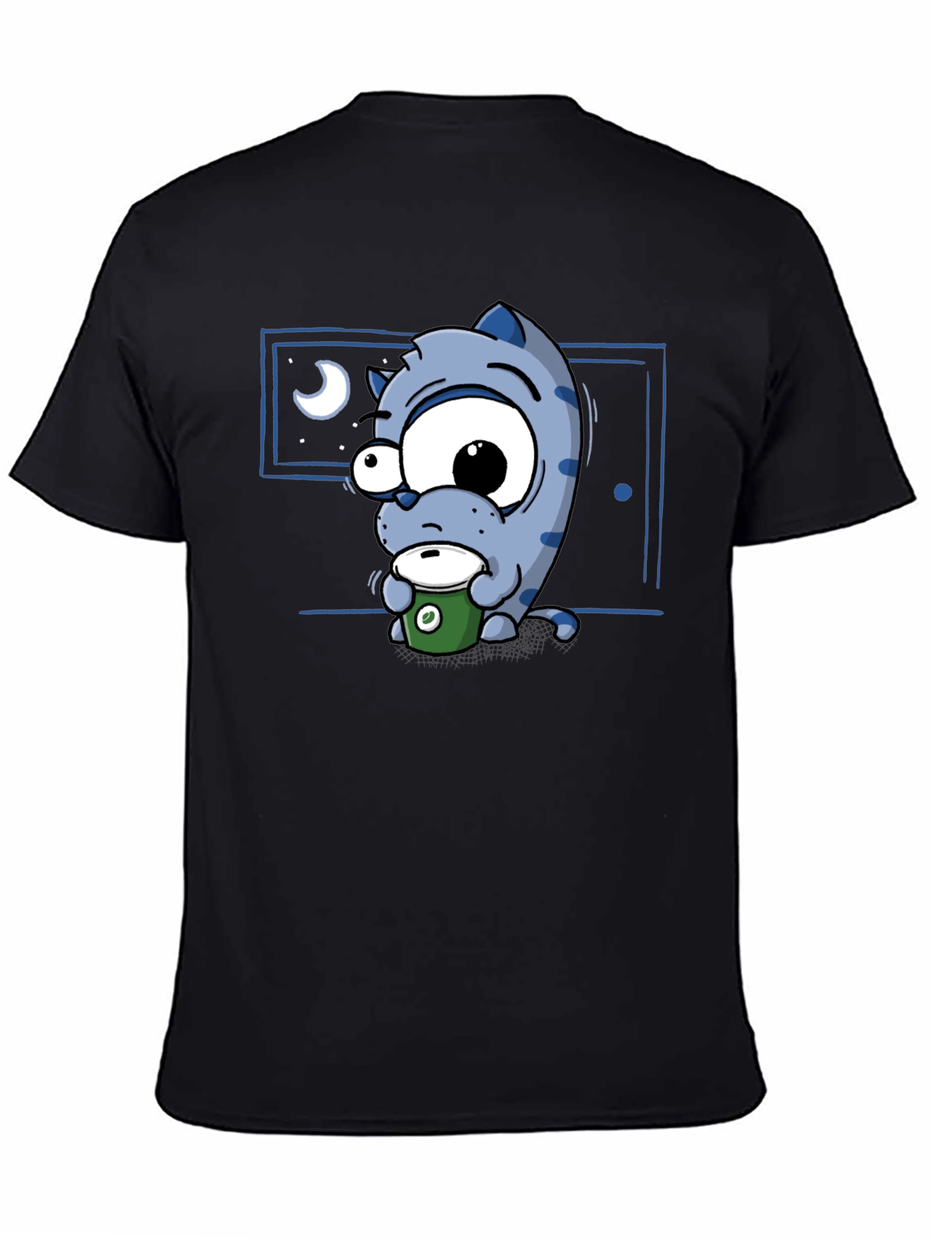 Cartoon Cat Coffee Lover T-Shirt - Black
