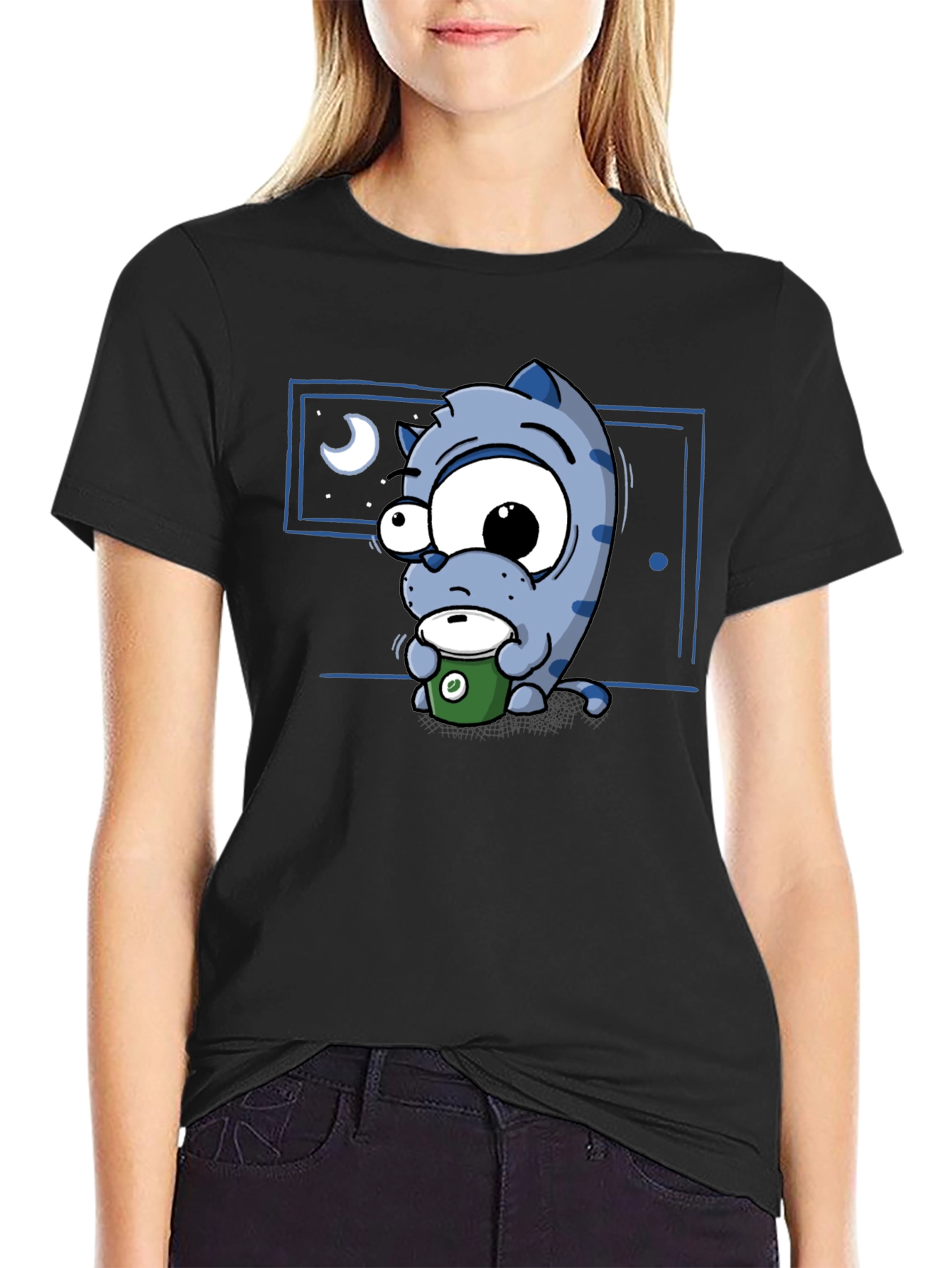 Cartoon Cat Coffee Lover T-Shirt - Black