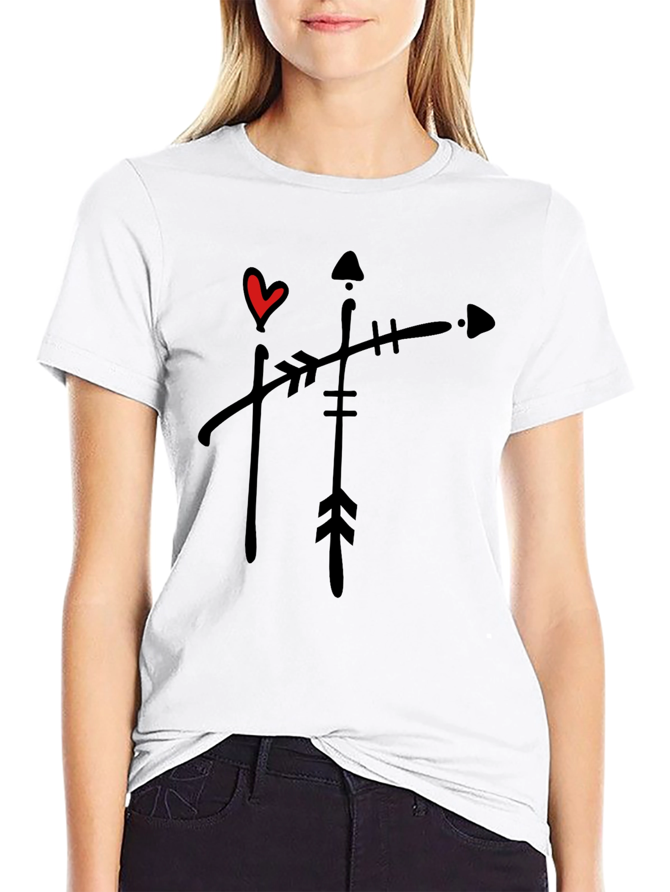 Black T-Shirt with Arrow and Heart Graphic