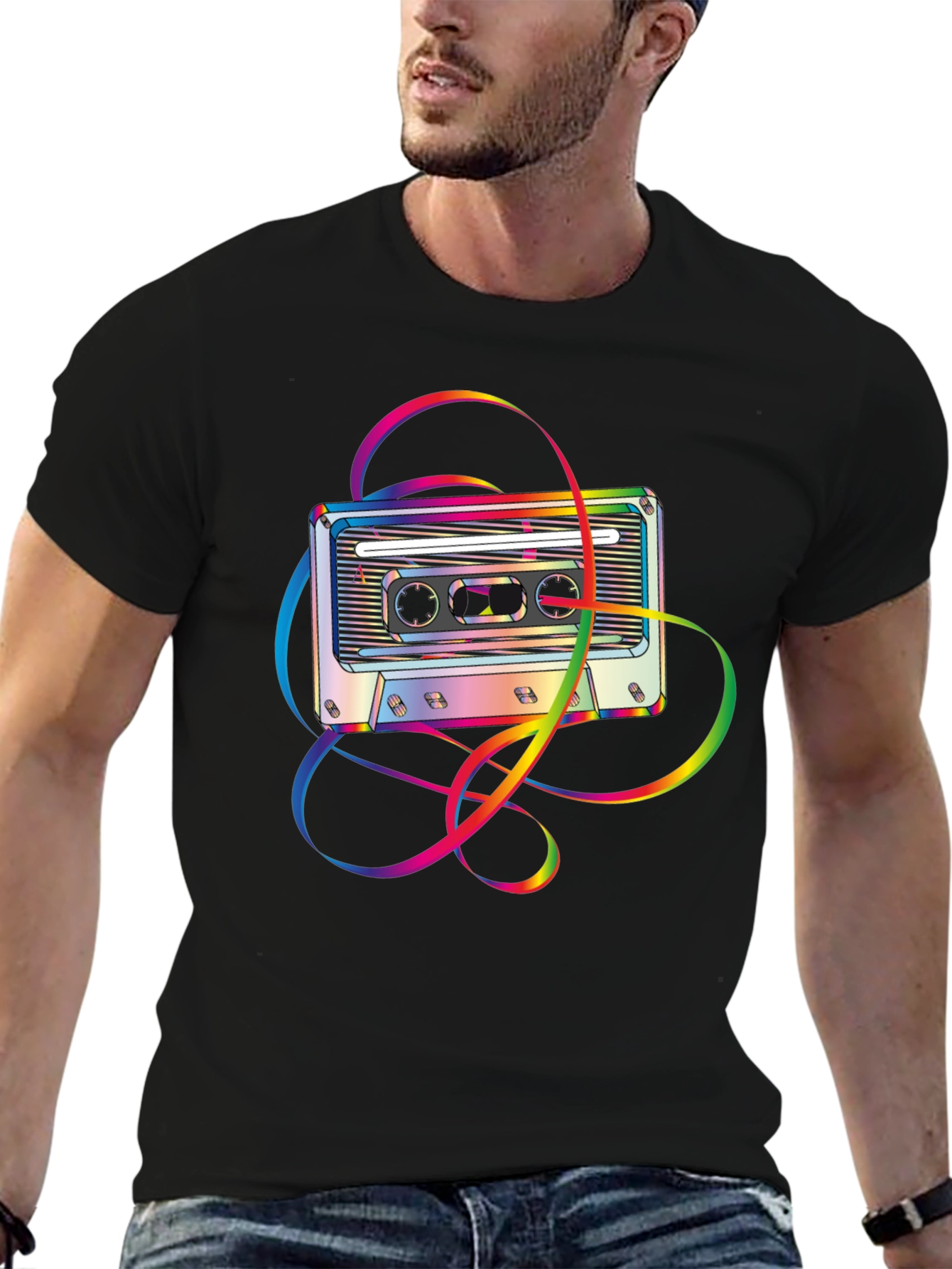 Retro Rainbow Cassette Tape Graphic Tee - Black
