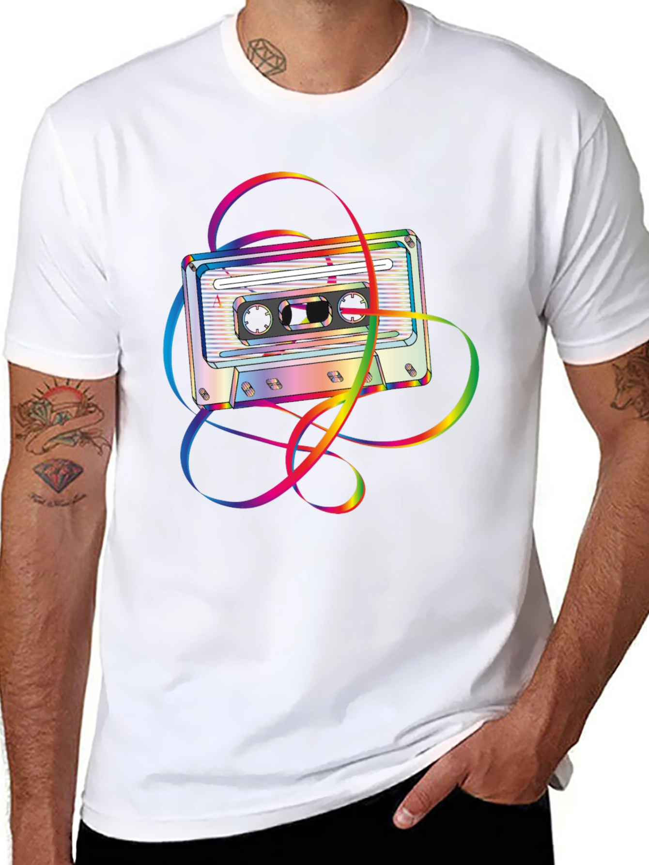 Retro Rainbow Cassette Tape Graphic Tee - Black