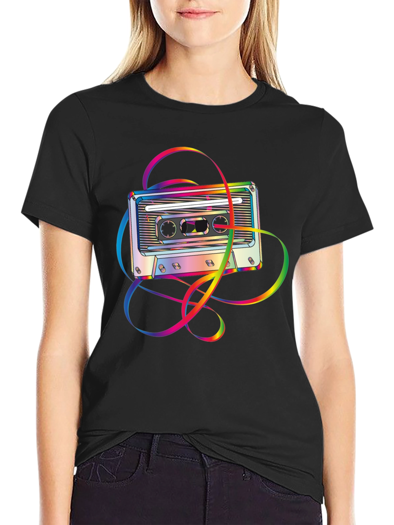Retro Rainbow Cassette Tape Graphic Tee - Black
