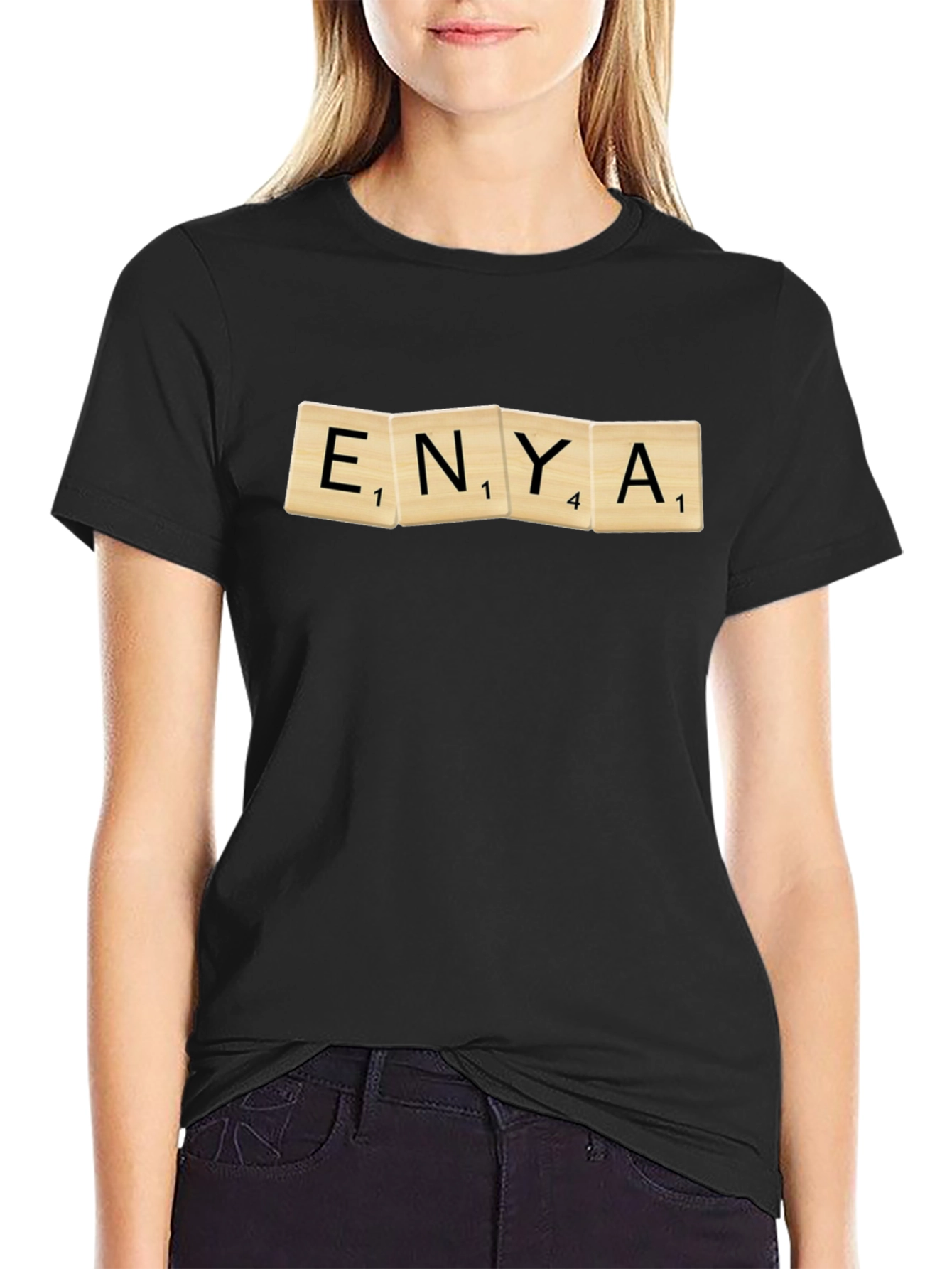 Enya Scrabble Tile Graphic Black T-Shirt