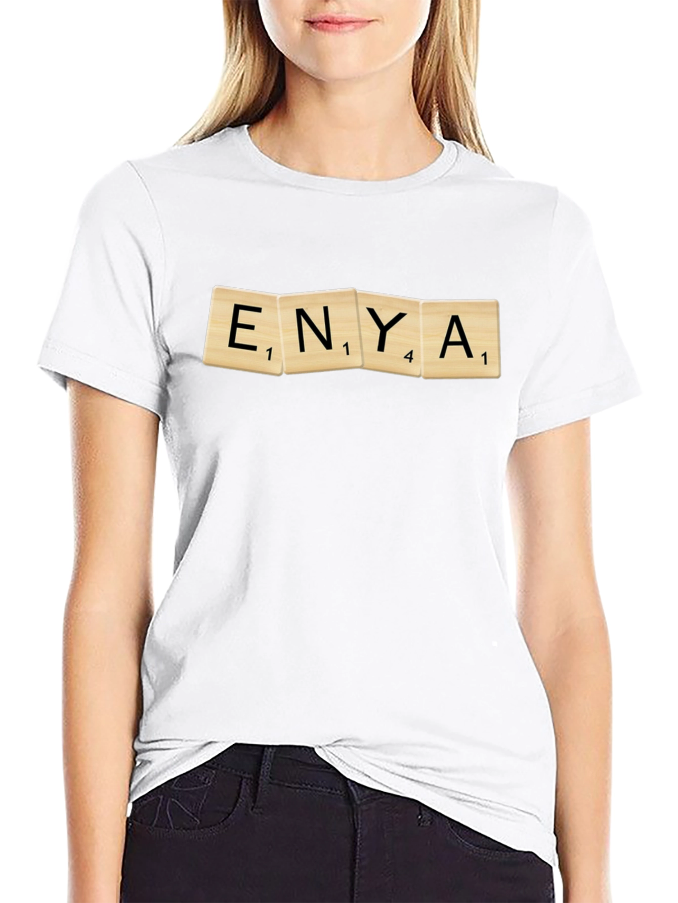 Enya Scrabble Tile Graphic Black T-Shirt