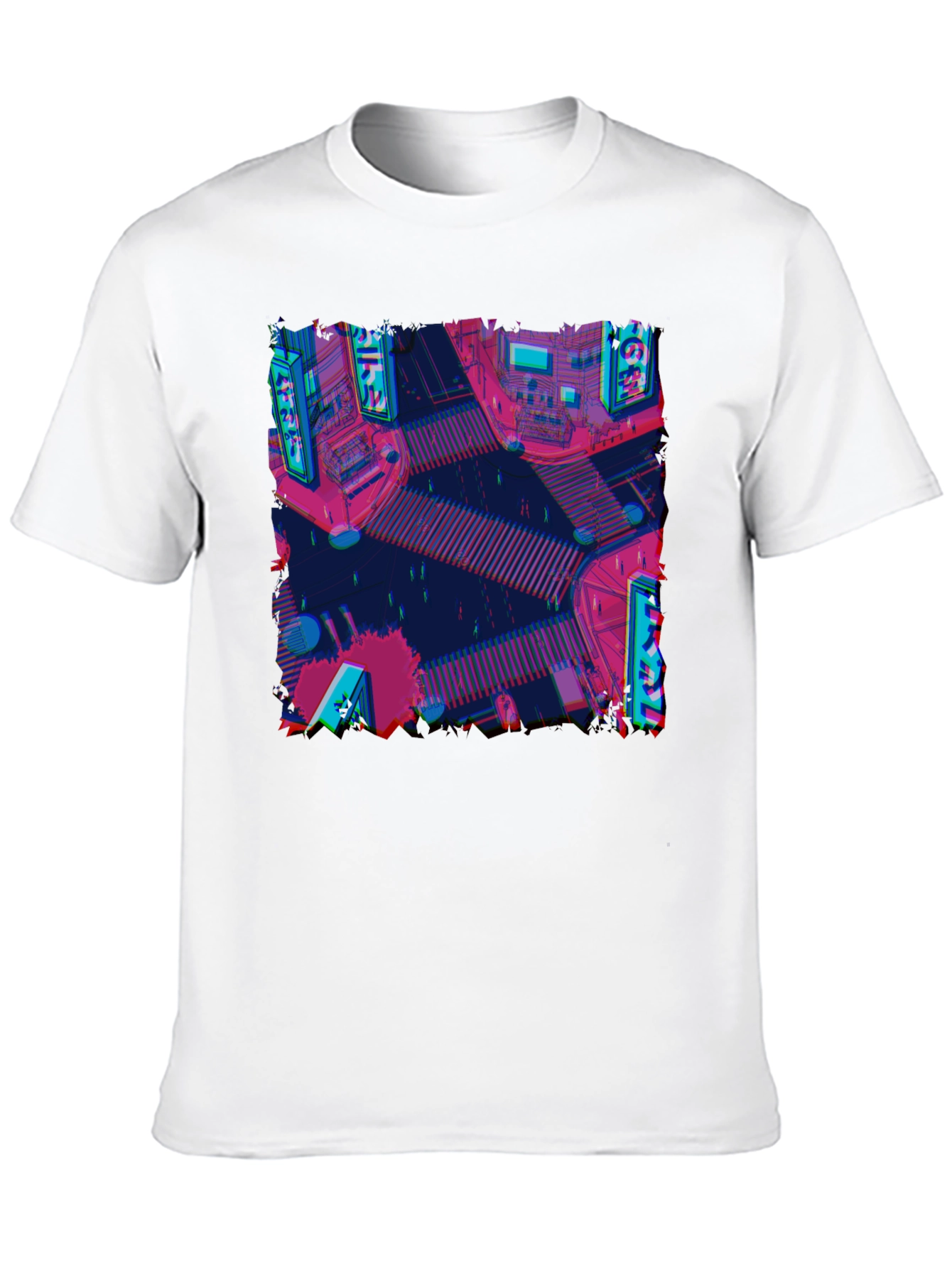 Retro Cityscape Tee - Glitch Art Style