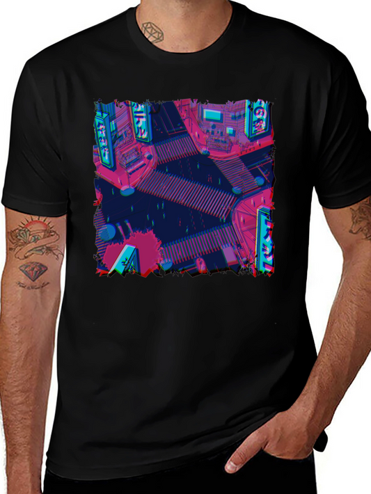 Retro Cityscape Tee - Glitch Art Style
