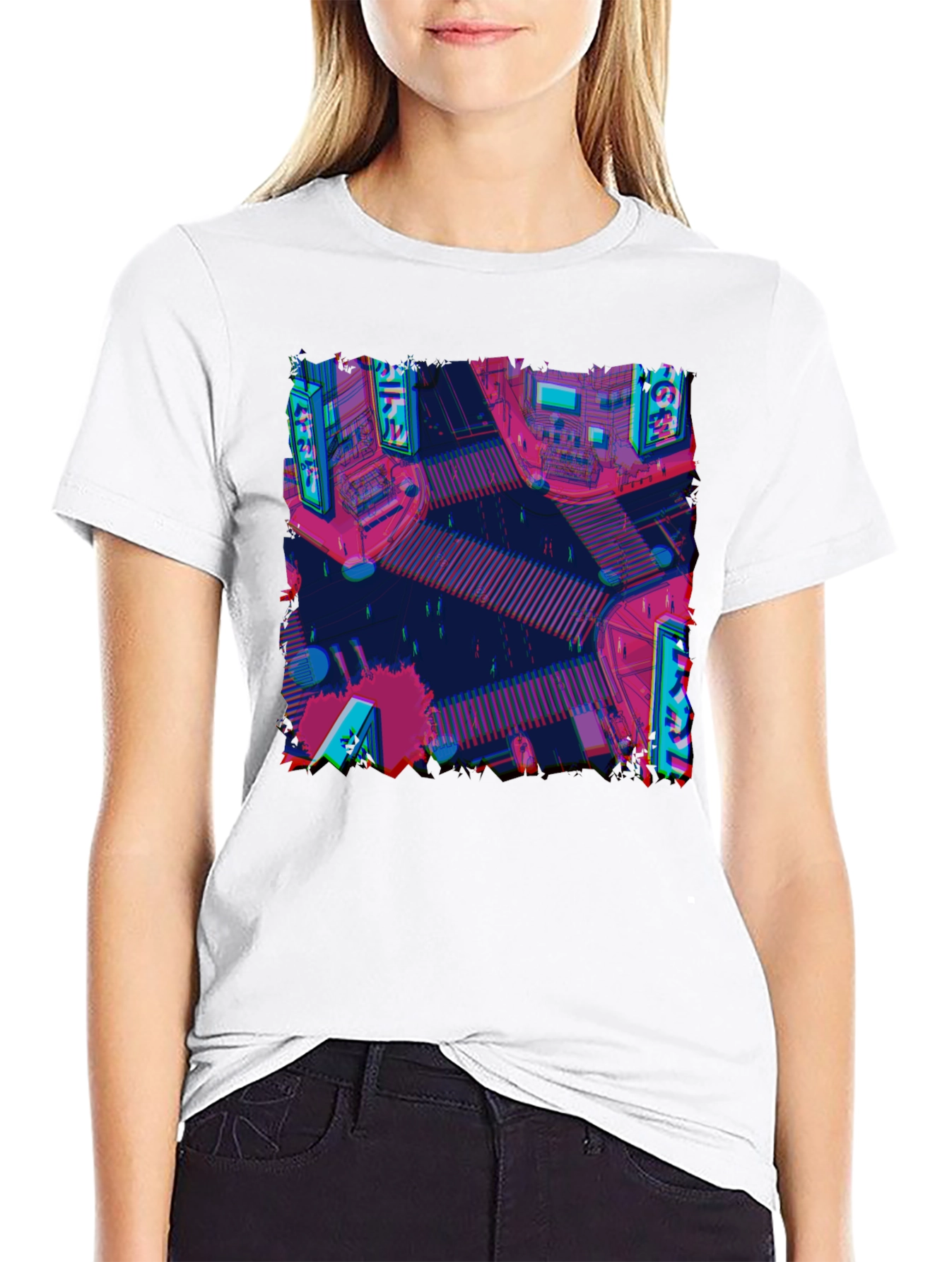 Retro Cityscape Tee - Glitch Art Style