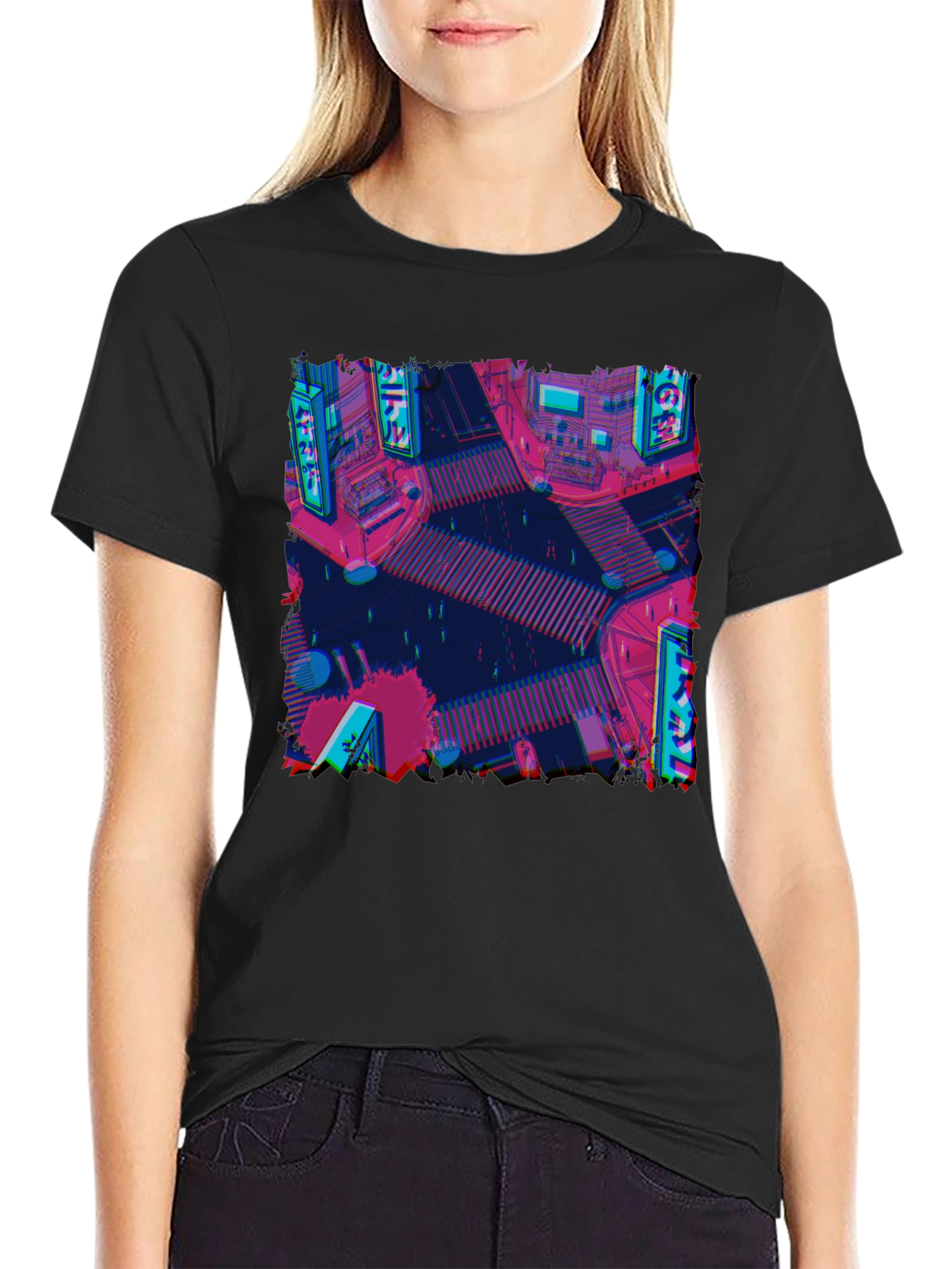 Retro Cityscape Tee - Glitch Art Style
