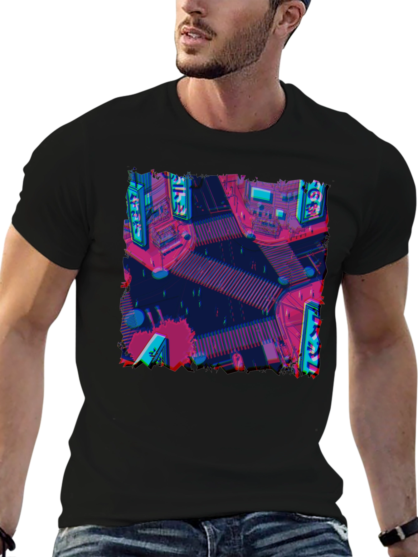 Retro Cityscape Tee - Glitch Art Style