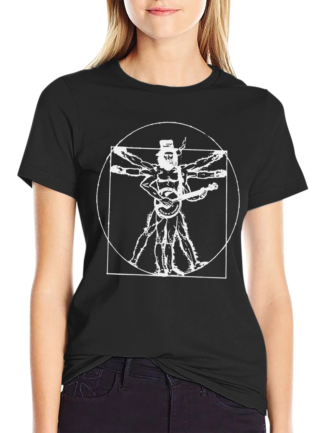 Vitruvian Banjo Man Graphic Tee - Black Cotton T-Shirt