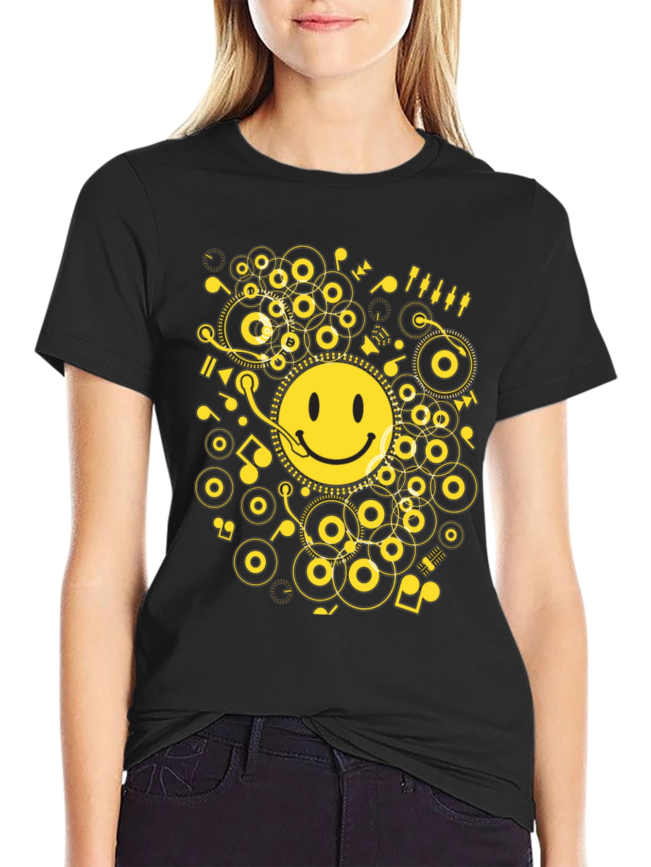 Smiley DJ Graphic Tee - Black Cotton T-Shirt