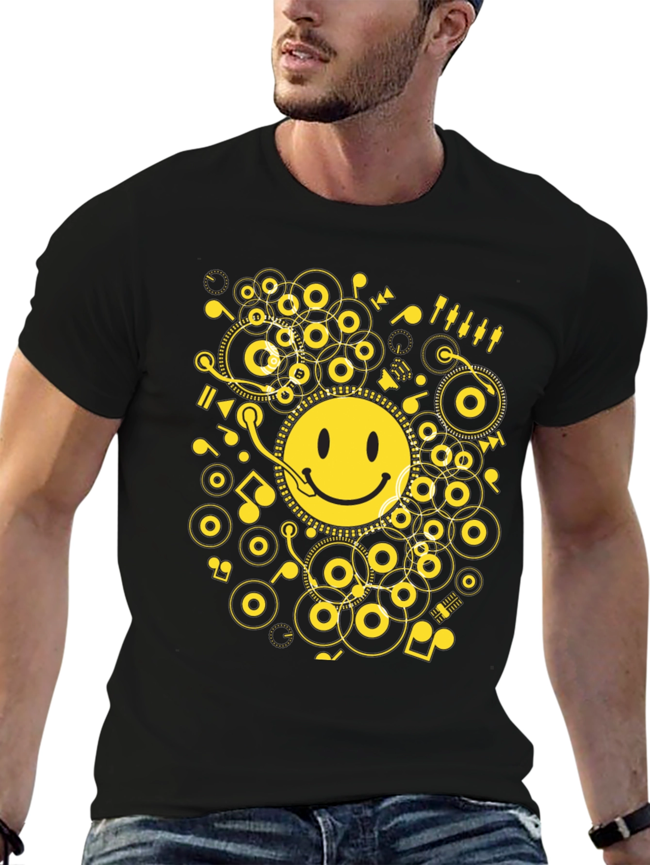 Smiley DJ Graphic Tee - Black Cotton T-Shirt