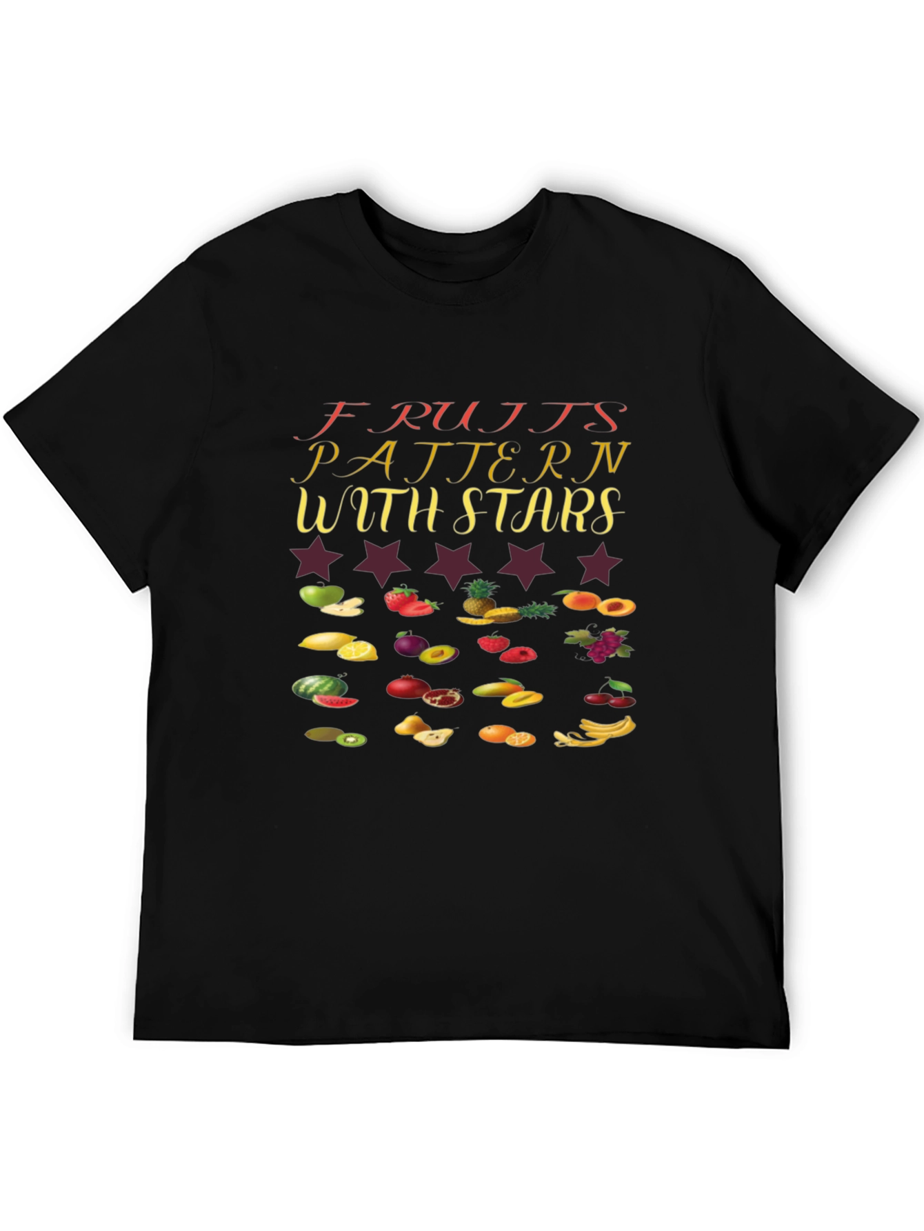 Fruits Pattern with Stars Black T-Shirt