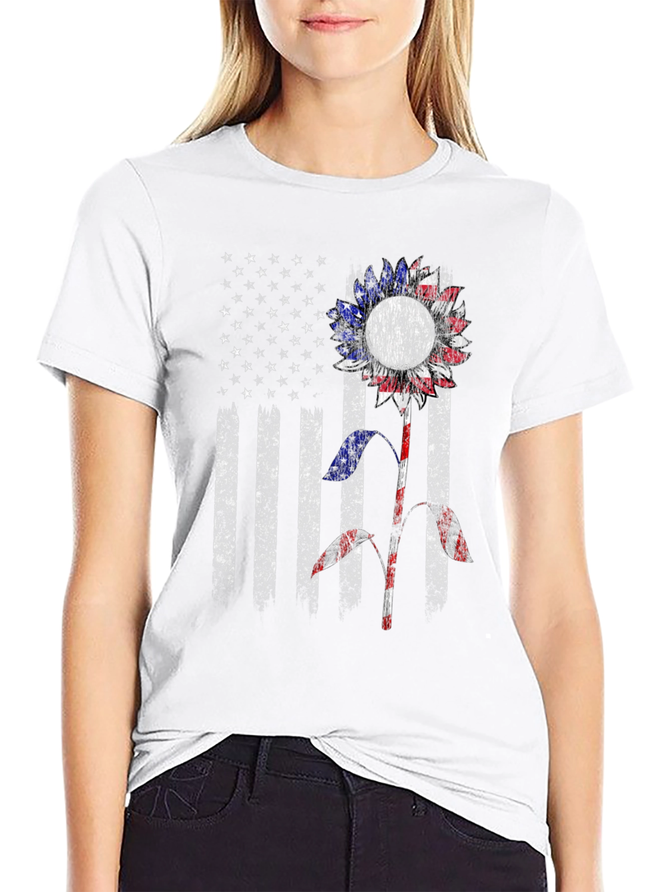 American Flag Sunflower Graphic Tee - Patriotic Style