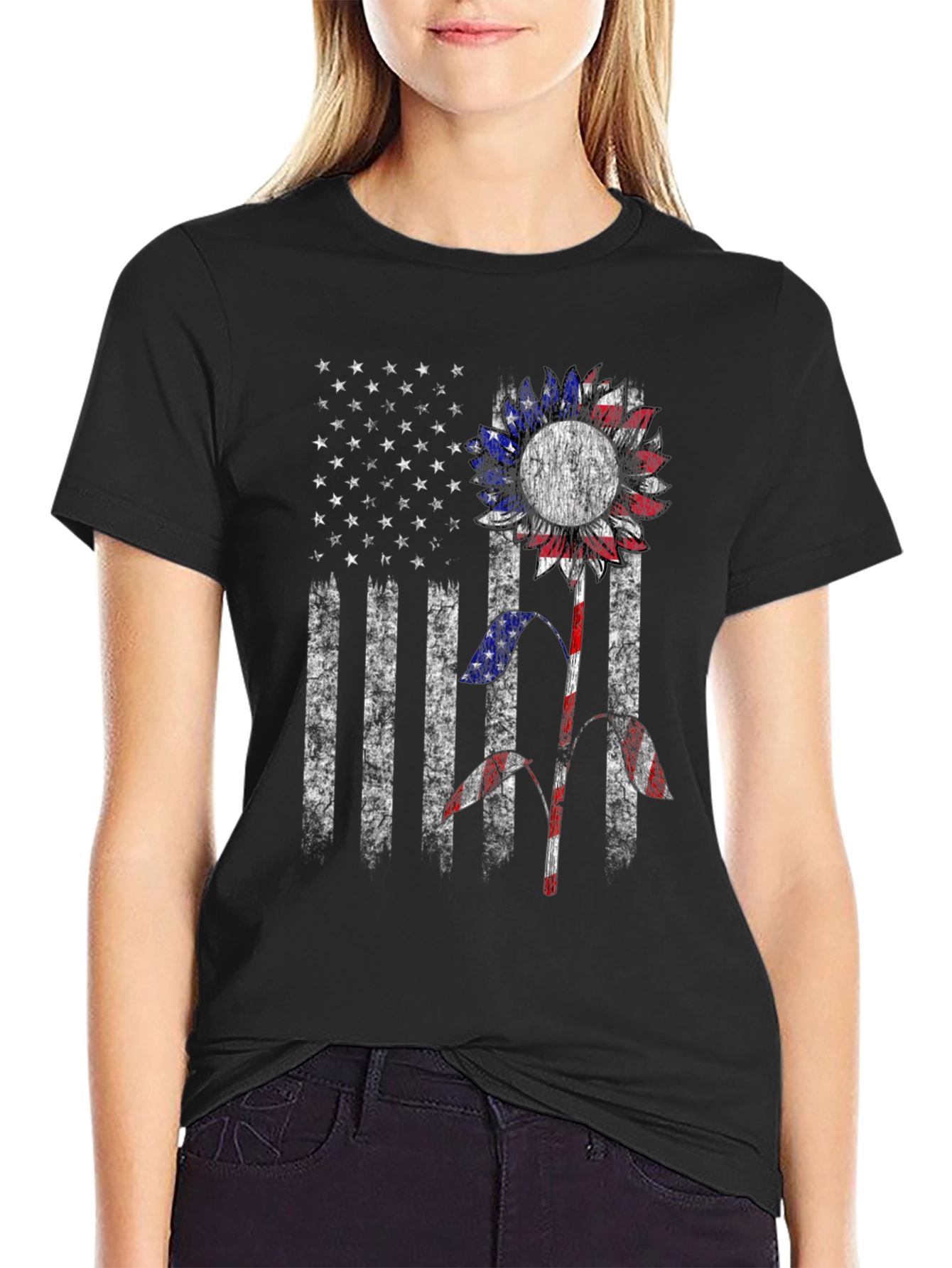 American Flag Sunflower Graphic Tee - Patriotic Style