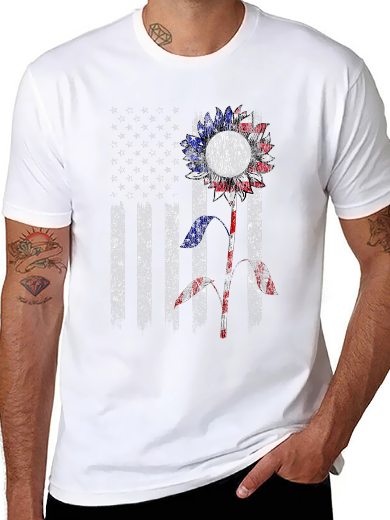 American Flag Sunflower Graphic Tee - Patriotic Style