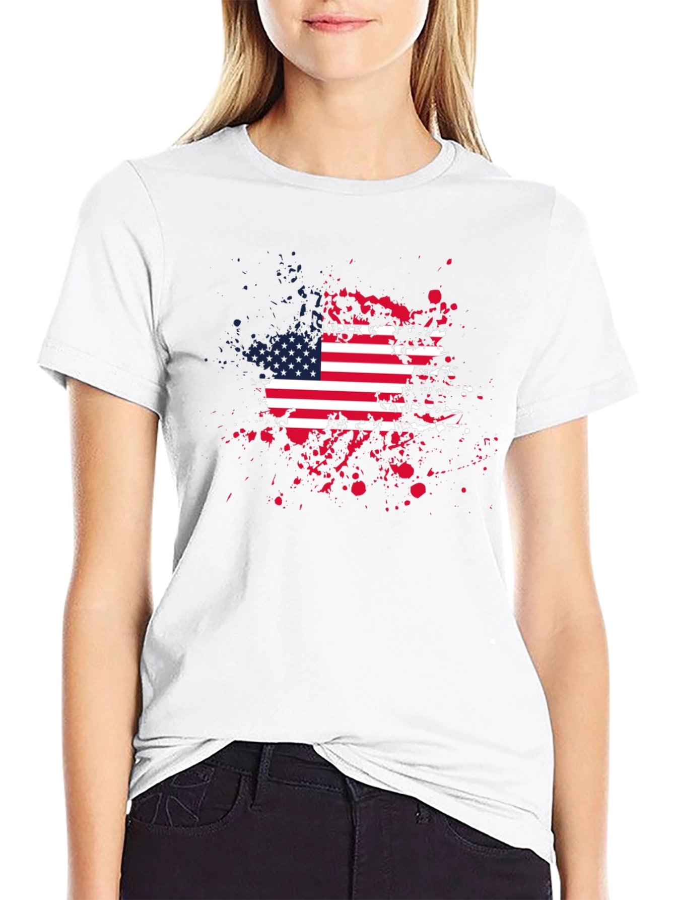 American Flag Splatter Print Black T-Shirt