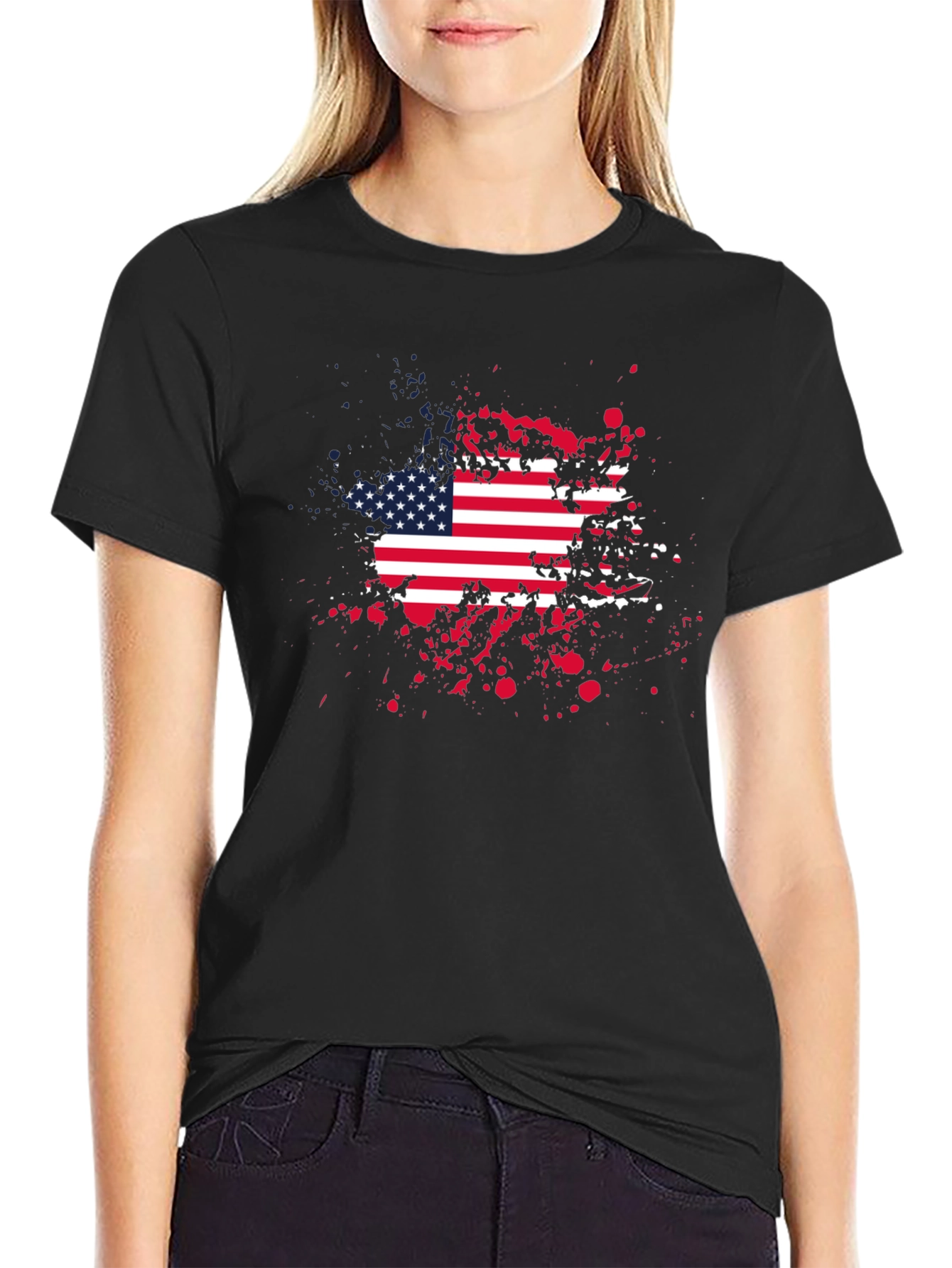 American Flag Splatter Print Black T-Shirt