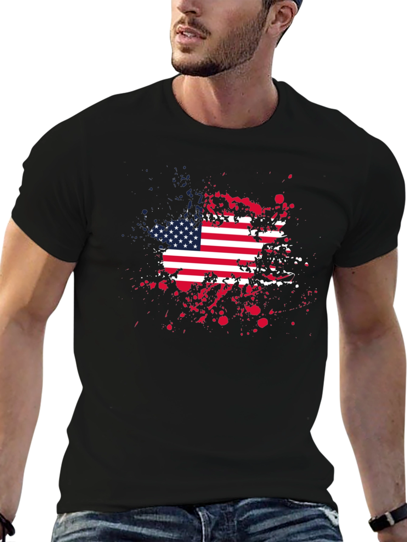 American Flag Splatter Print Black T-Shirt