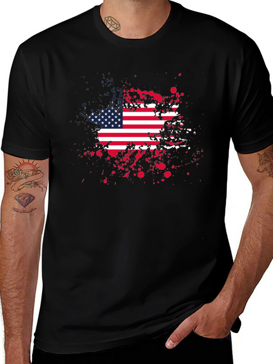 American Flag Splatter Print Black T-Shirt