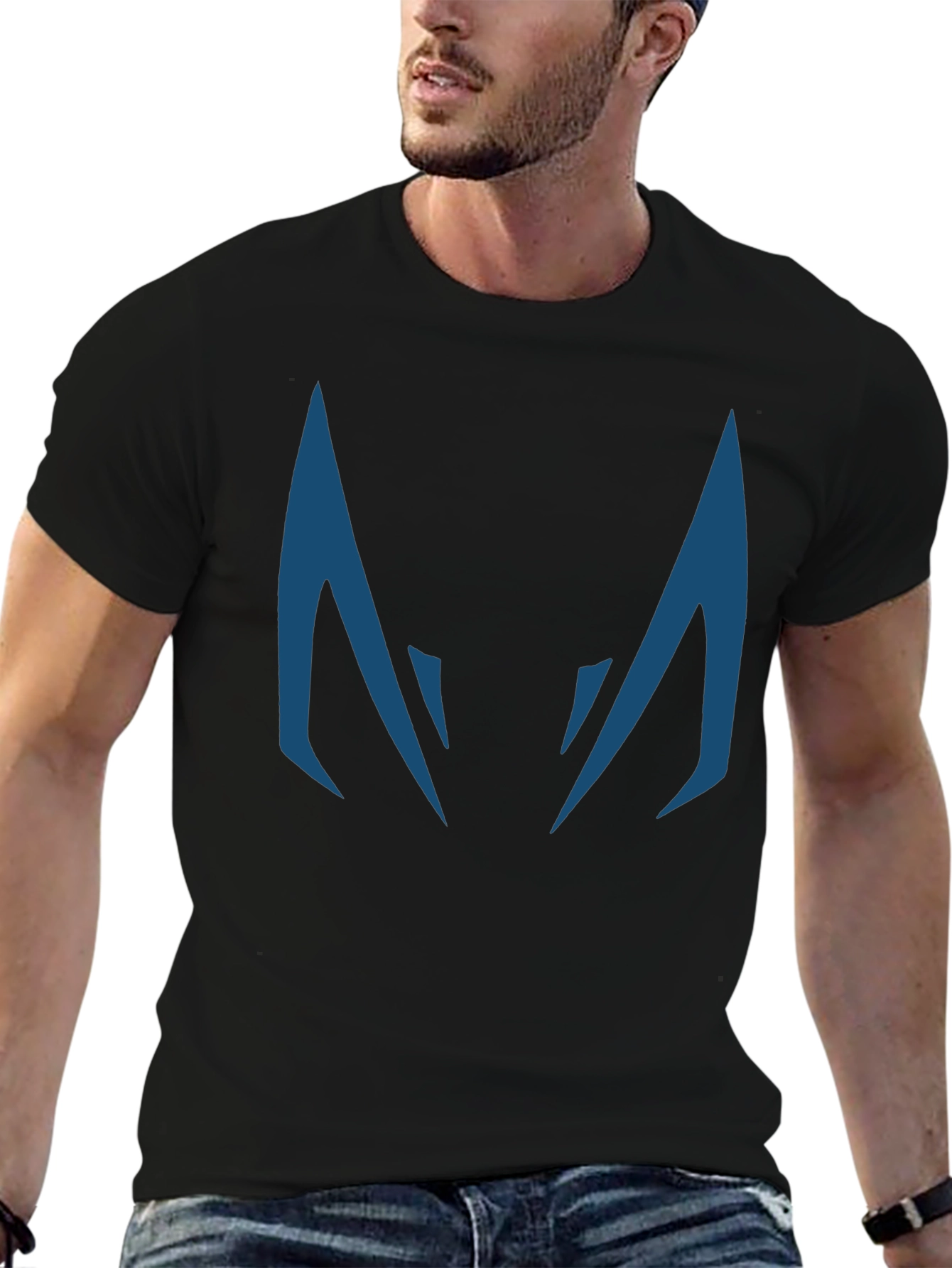 Blue Fanged Design Black Cotton T-Shirt