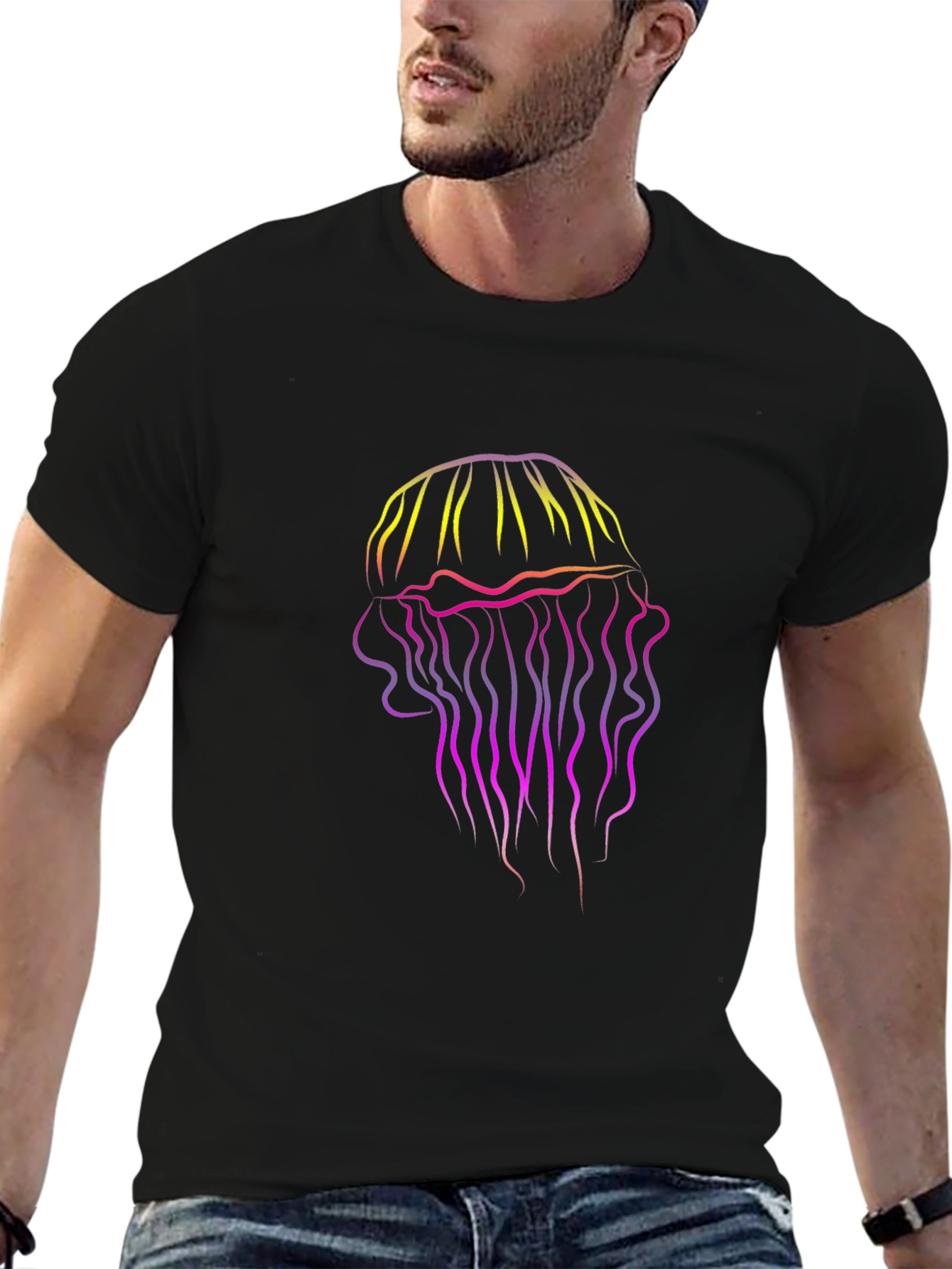 Gradient Jellyfish Graphic Tee - Black Cotton T-Shirt