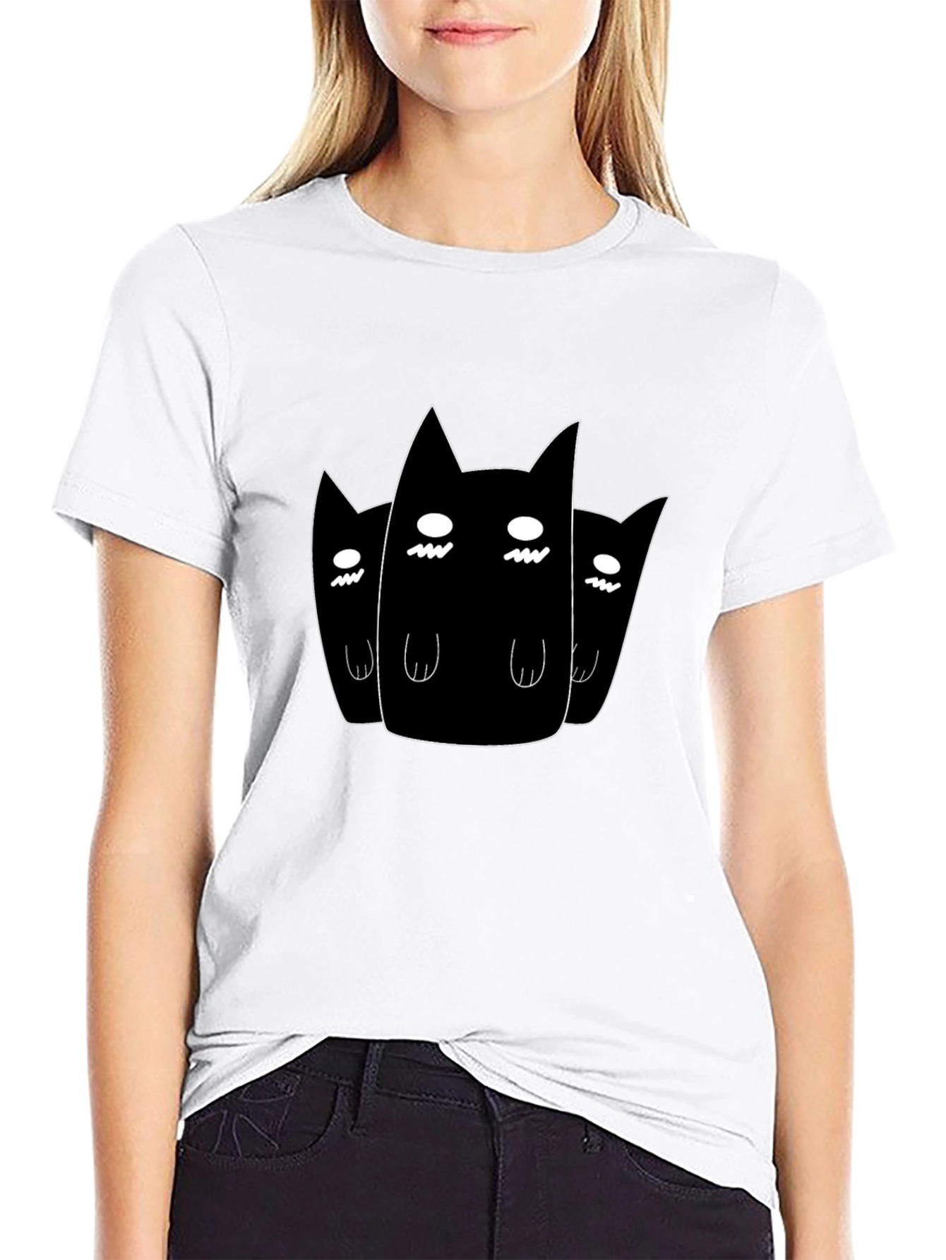 Black T-Shirt with Three Cartoon Cats Design