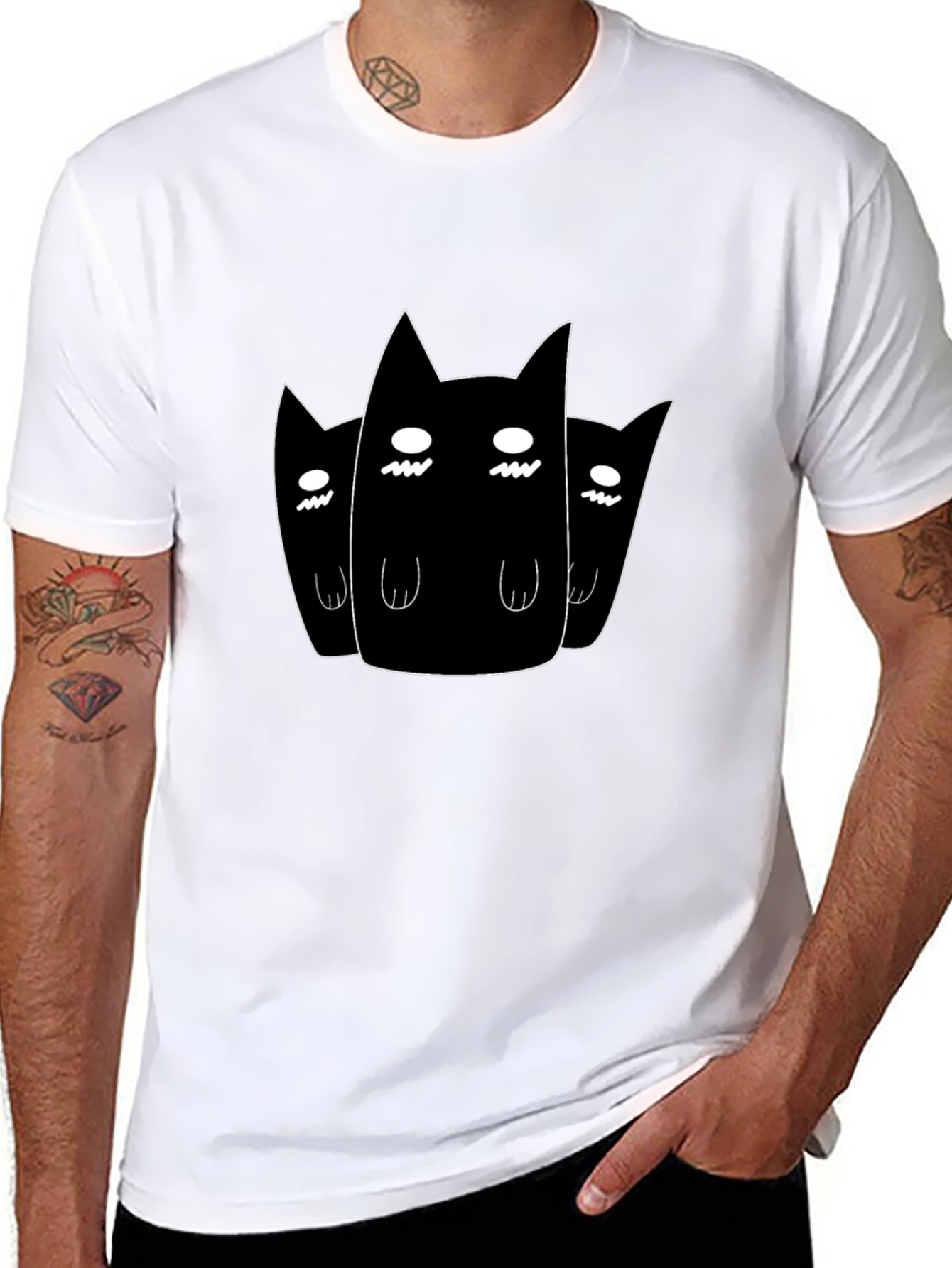 Black T-Shirt with Three Cartoon Cats Design