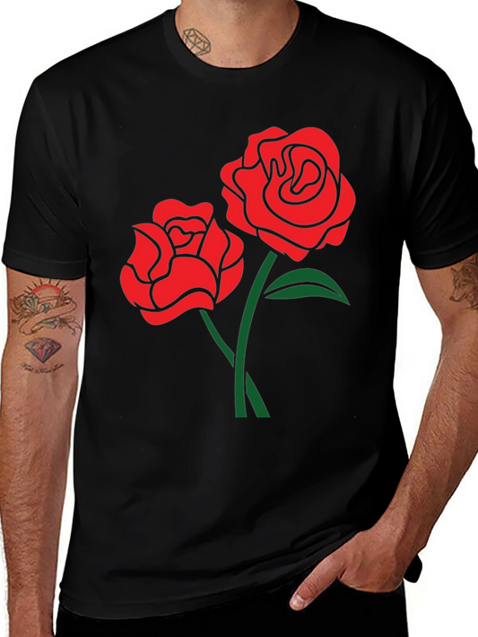 Black T-Shirt with Red Rose Design
