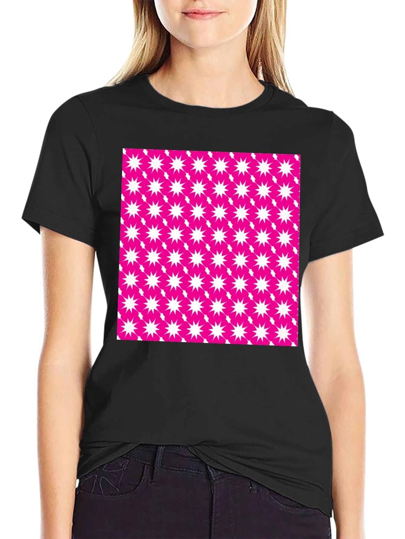 Bold Pink Starburst Patterned Black T-Shirt