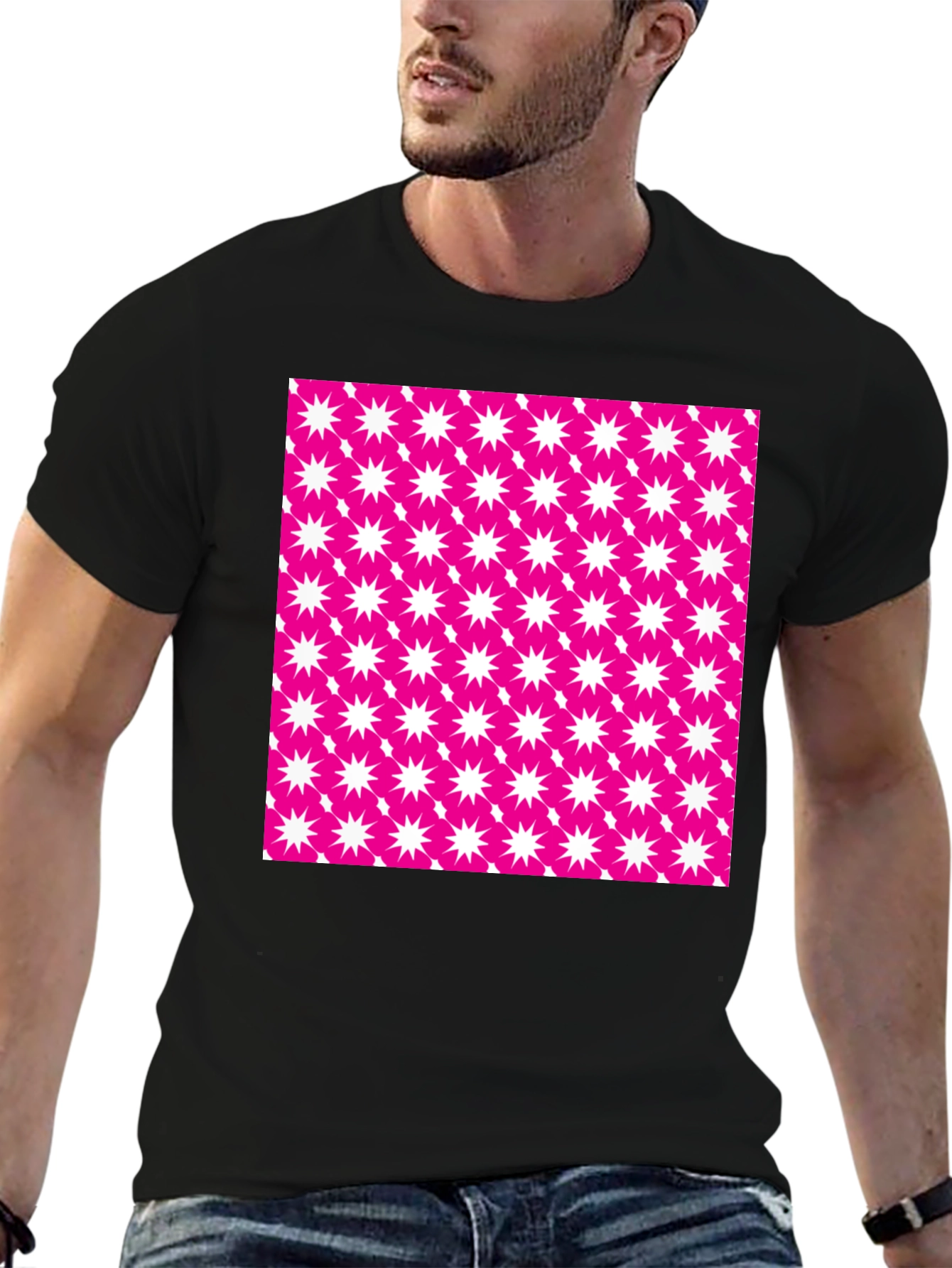 Bold Pink Starburst Patterned Black T-Shirt