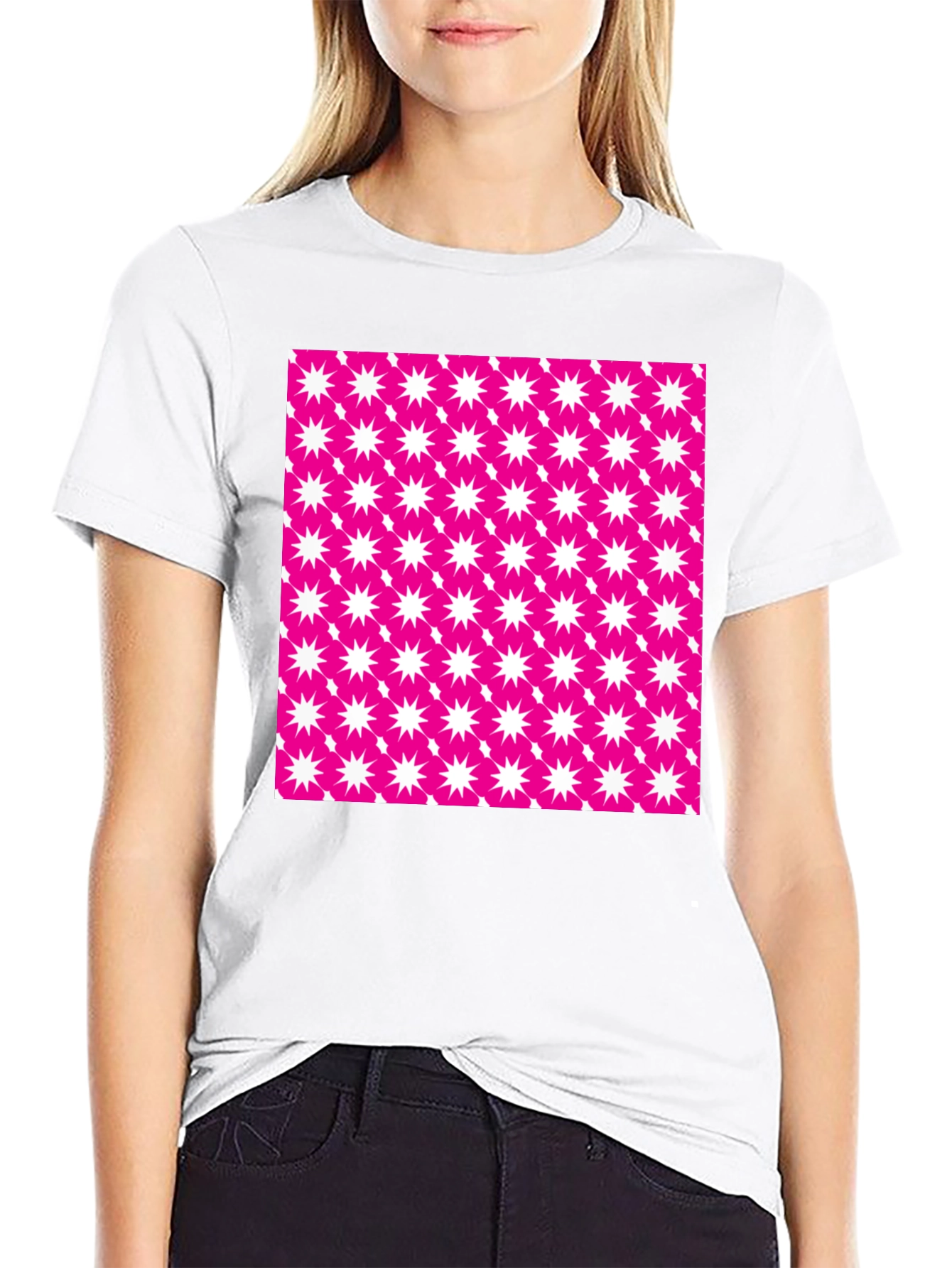 Bold Pink Starburst Patterned Black T-Shirt