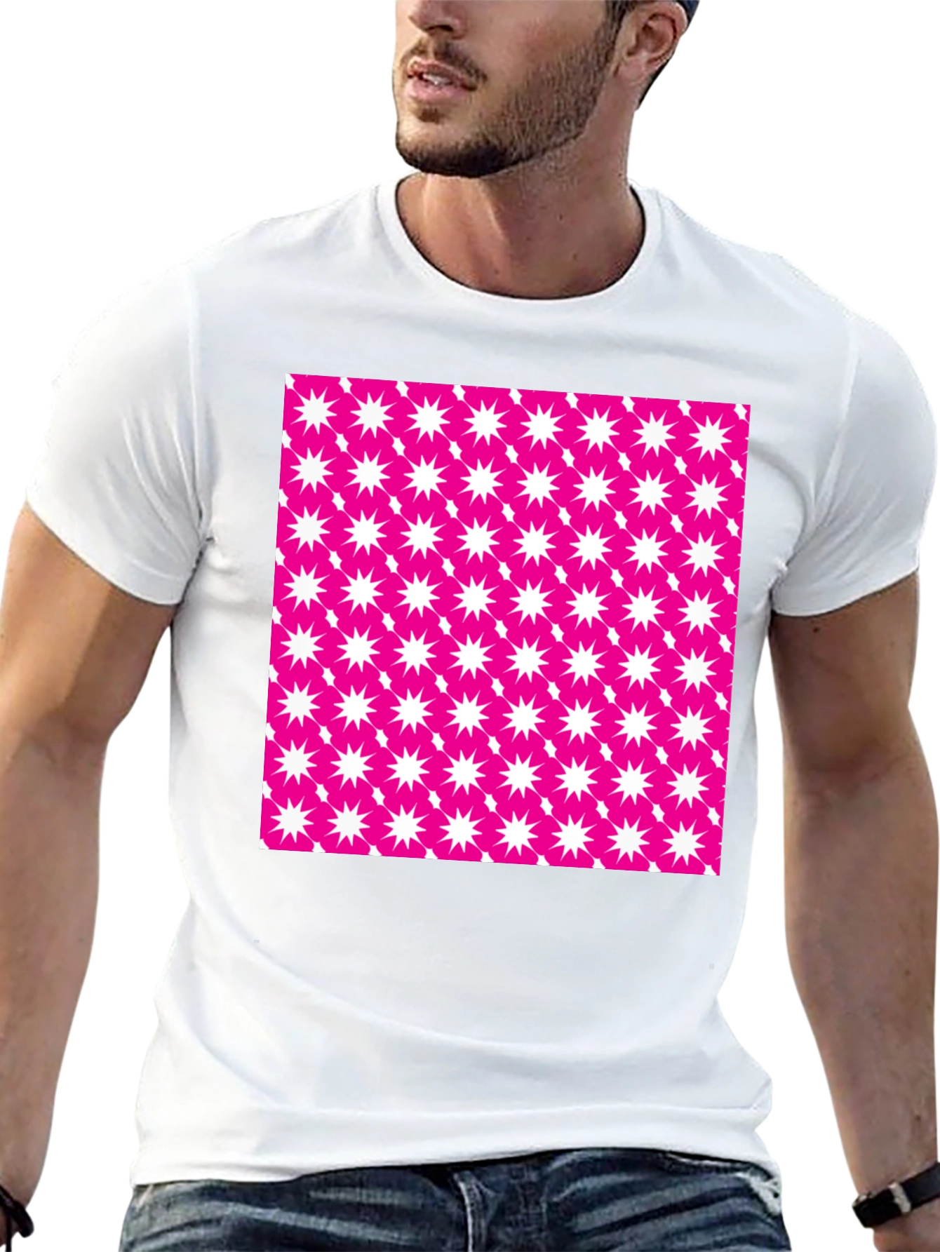 Bold Pink Starburst Patterned Black T-Shirt