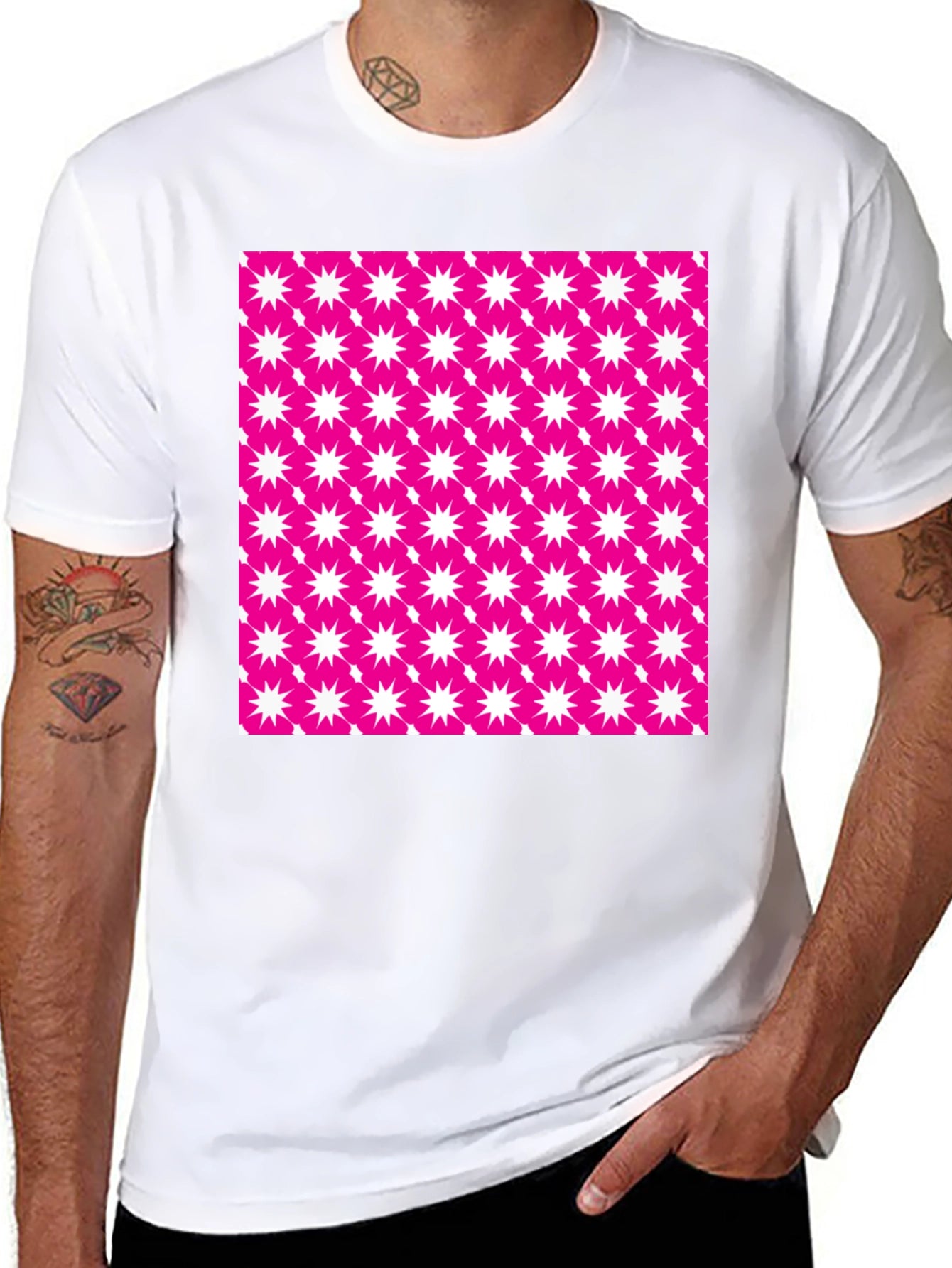 Bold Pink Starburst Patterned Black T-Shirt