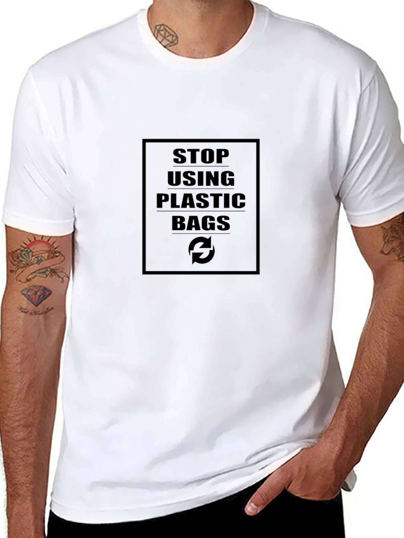 Eco-Friendly Black T-Shirt - Stop Using Plastic Bags