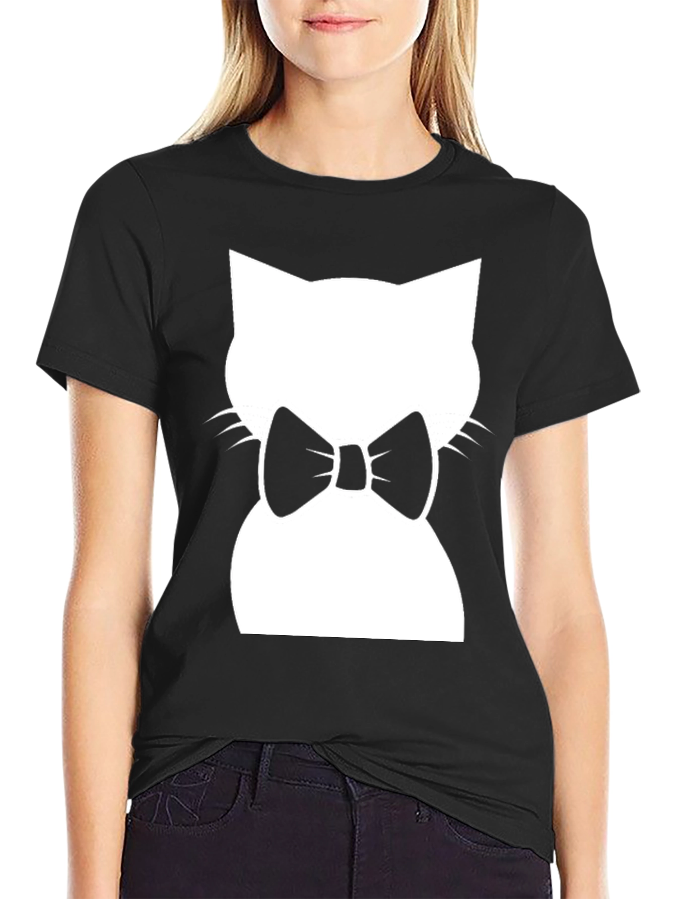 Cat with Bow Tie Black T-Shirt