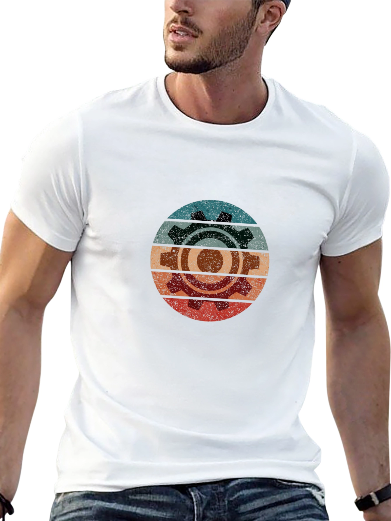 Retro Gear Graphic Tee - Black Cotton Blend
