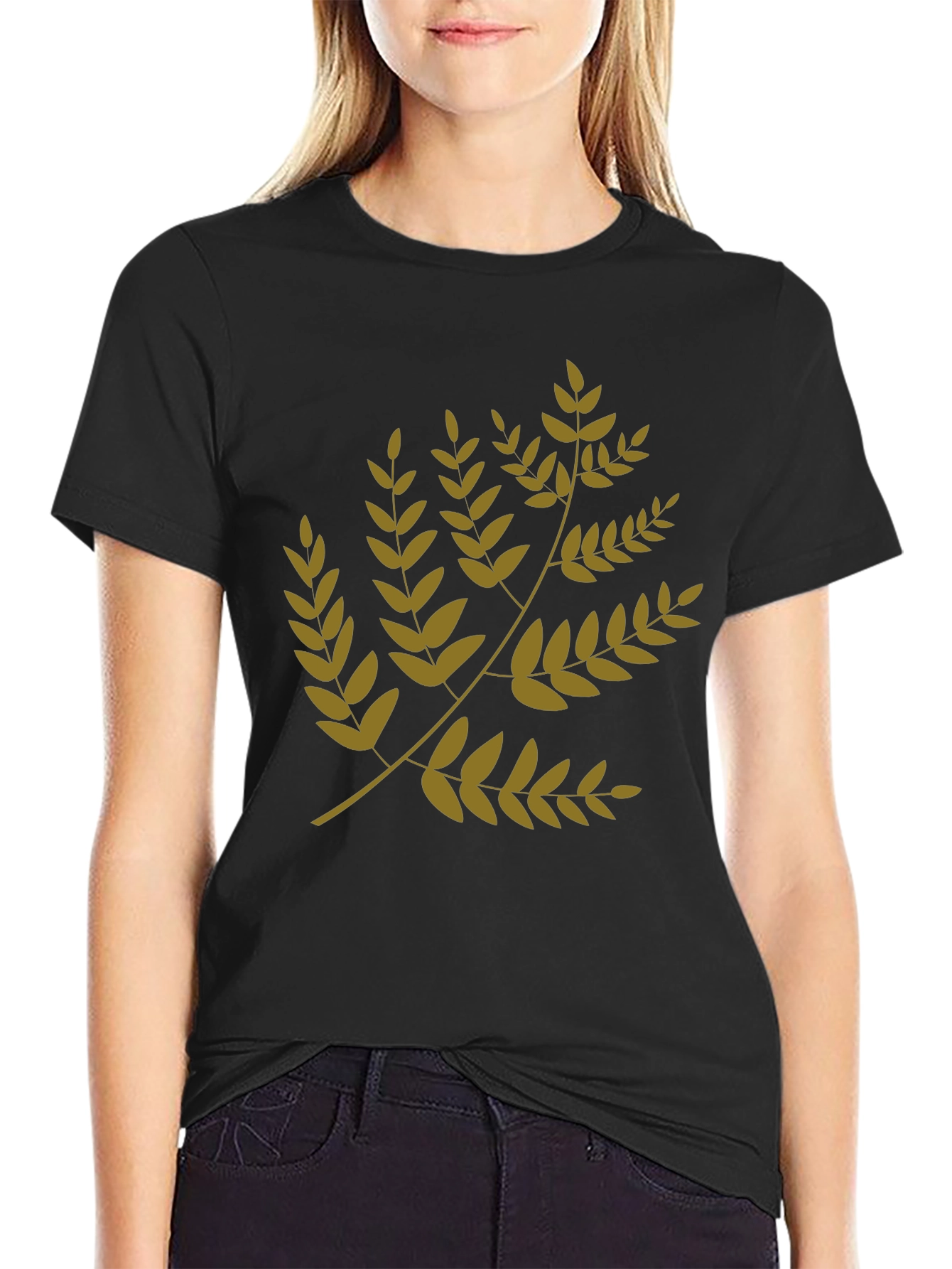 Leaf Branch Print Black T-Shirt