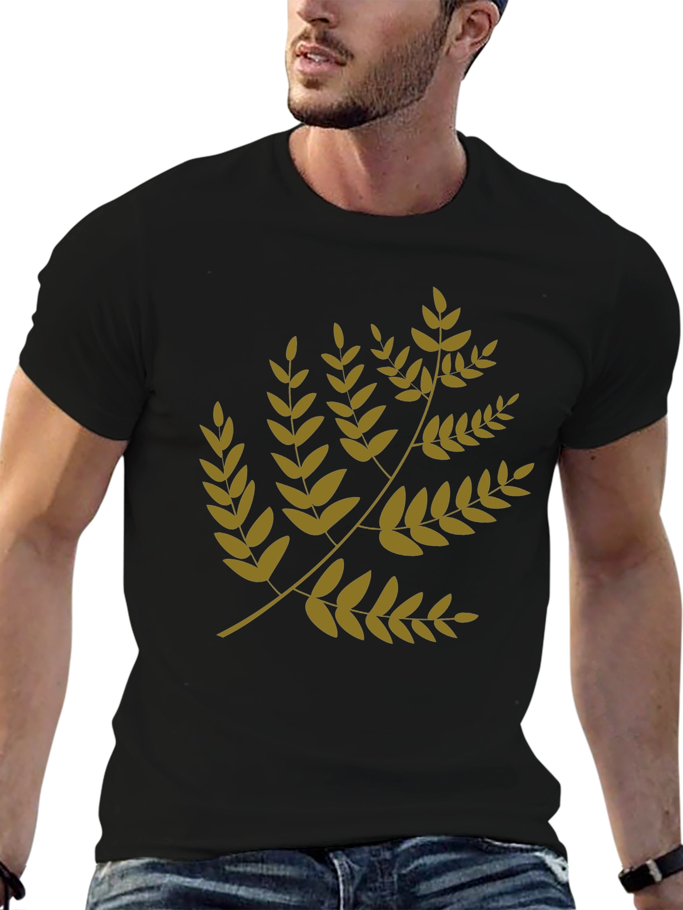 Leaf Branch Print Black T-Shirt