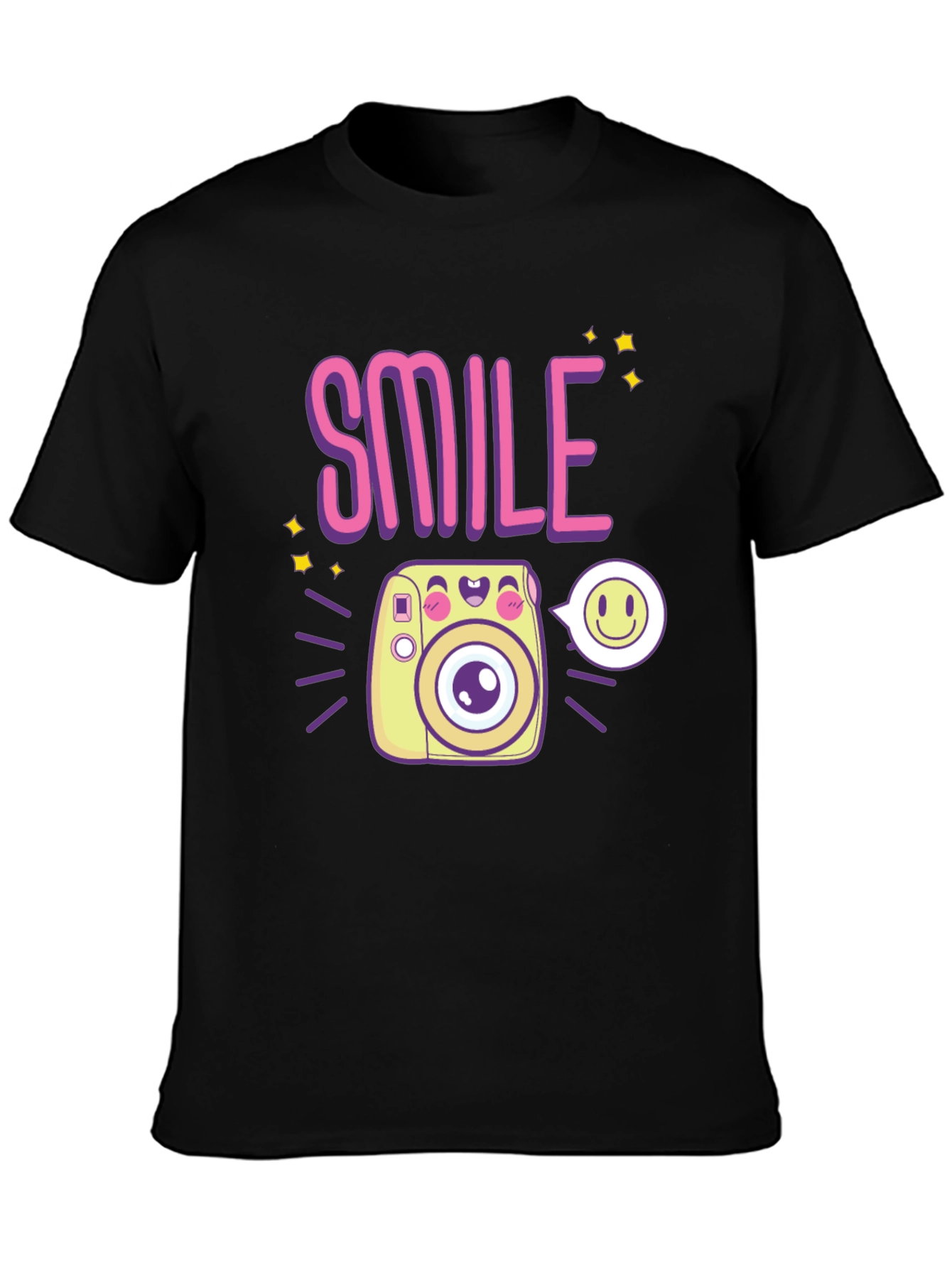 Smile Camera Graphic Tee - Trendy Casual Black T-Shirt