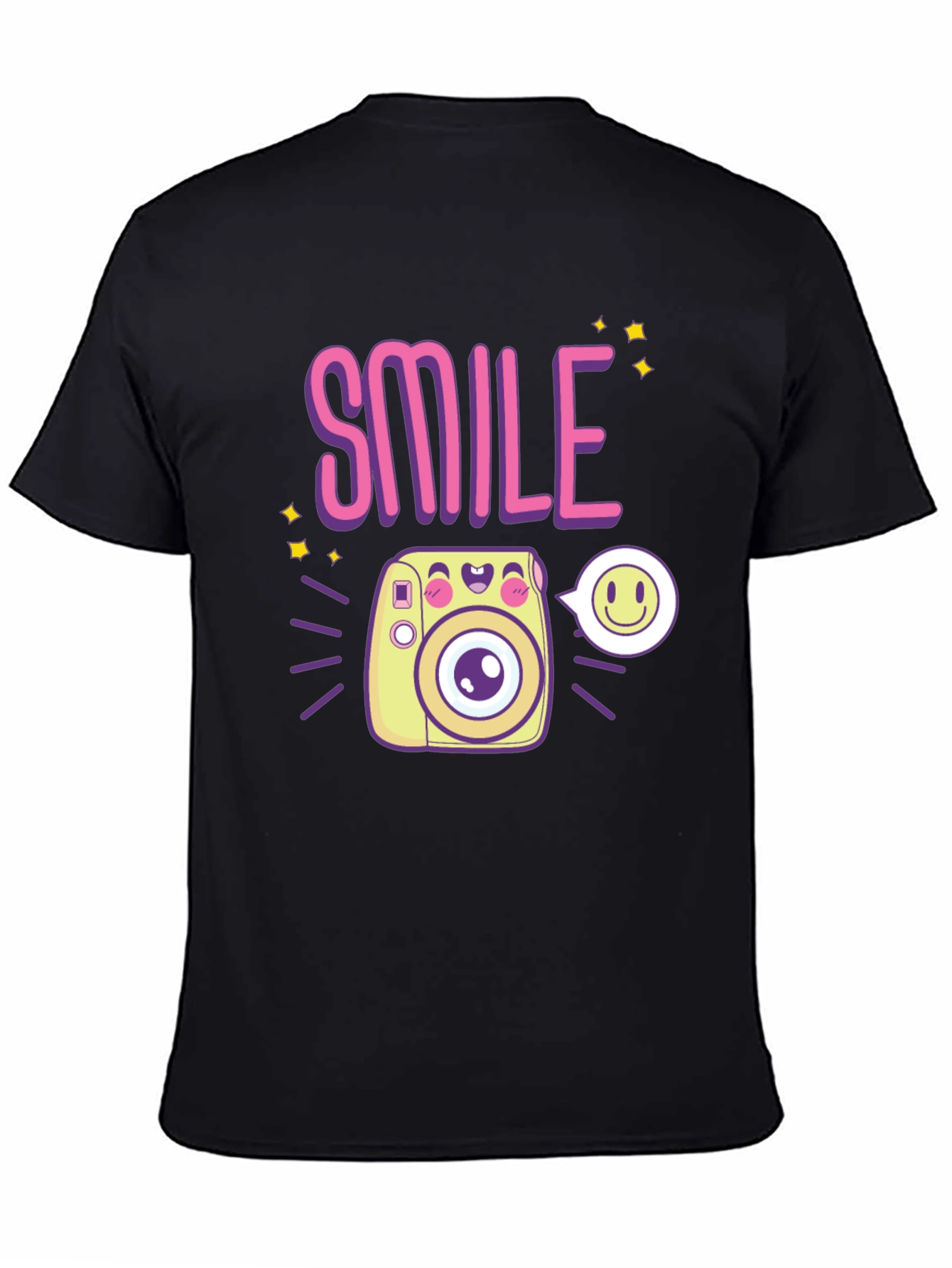 Smile Camera Graphic Tee - Trendy Casual Black T-Shirt