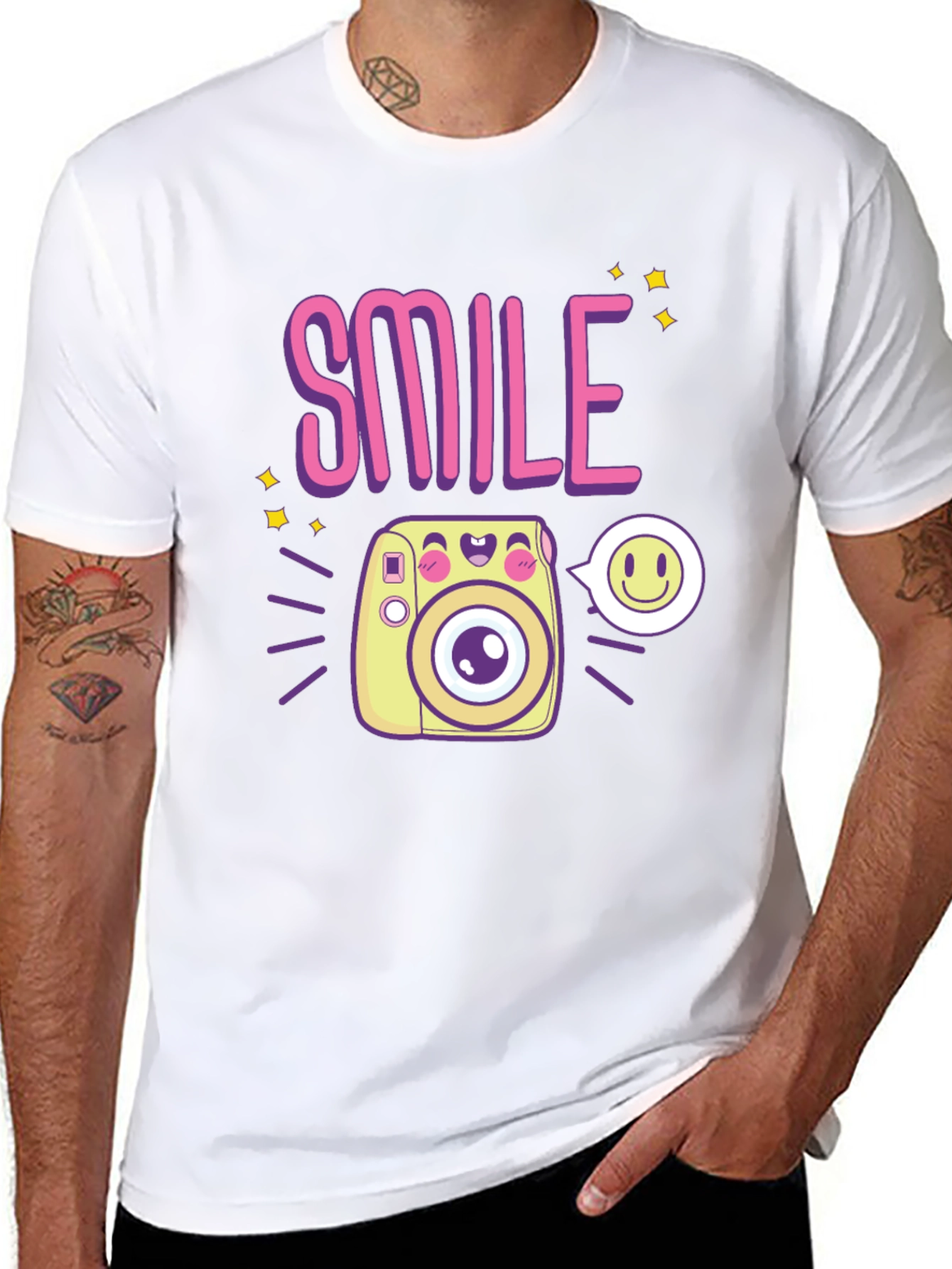 Smile Camera Graphic Tee - Trendy Casual Black T-Shirt