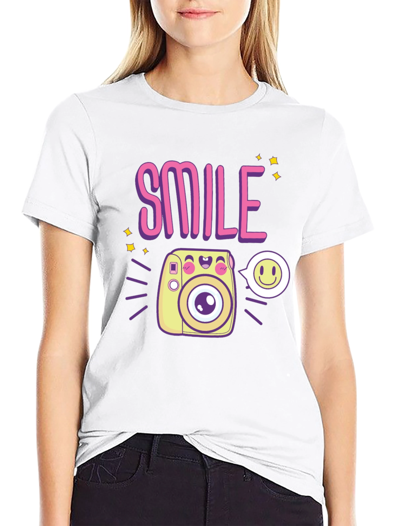 Smile Camera Graphic Tee - Trendy Casual Black T-Shirt